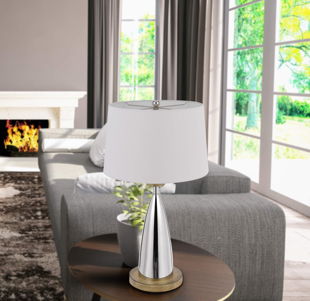 31" Silver Metallic Metal Usb Table Lamp With White Empire Shade - Chicken Pieces