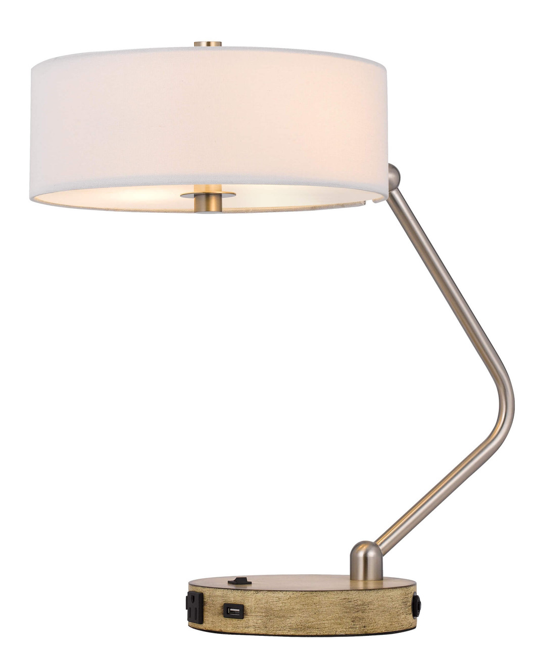 20" Nickel Metal Two Light Desk Usb Table Lamp With White Drum Shade - Chicken Pieces