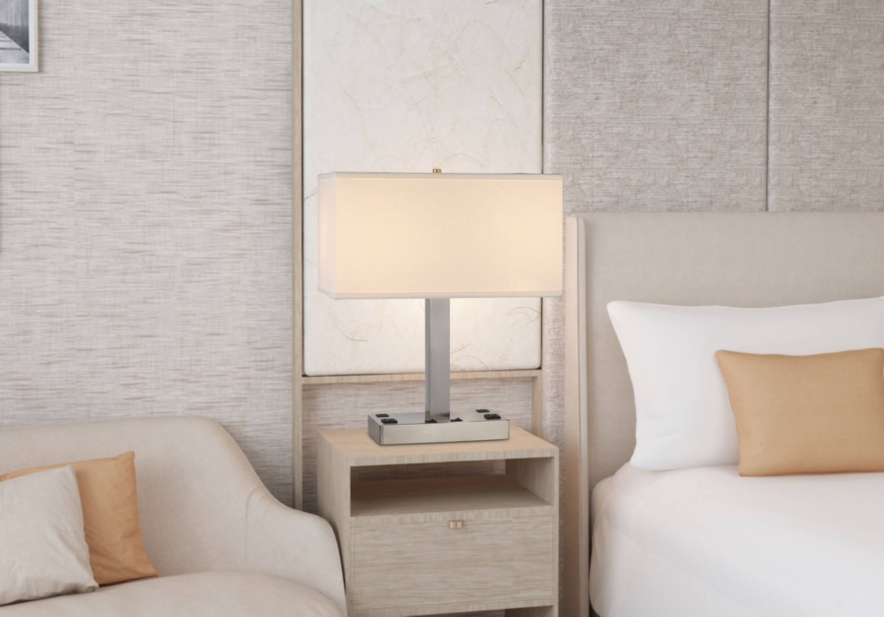 21" Nickel Metal Two Light Desk Usb Table Lamp With White Rectangular Shade - Chicken Pieces