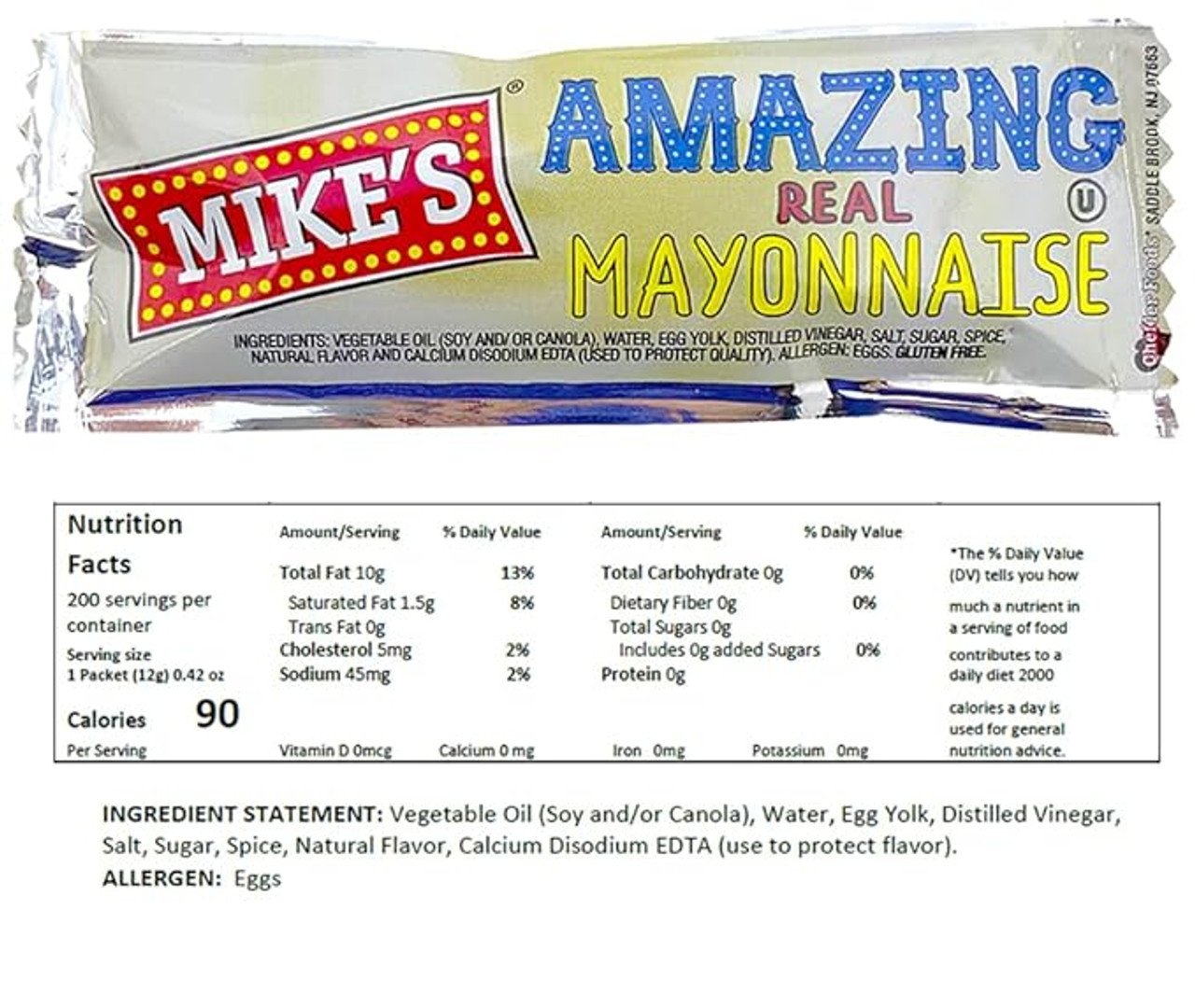 Mike's Amazing Real Mayonnaise Packets - 12g, 200/Case - Rich, Egg-Forward Taste - Chicken Pieces