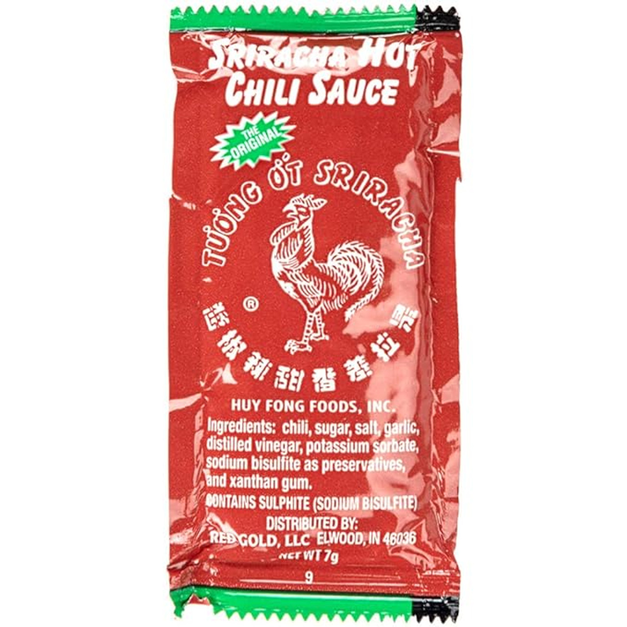 Huy Fong Sriracha Hot Chili Sauce Packets - 7g, 500/Case - Sun-Ripened Chilies - Chicken Pieces