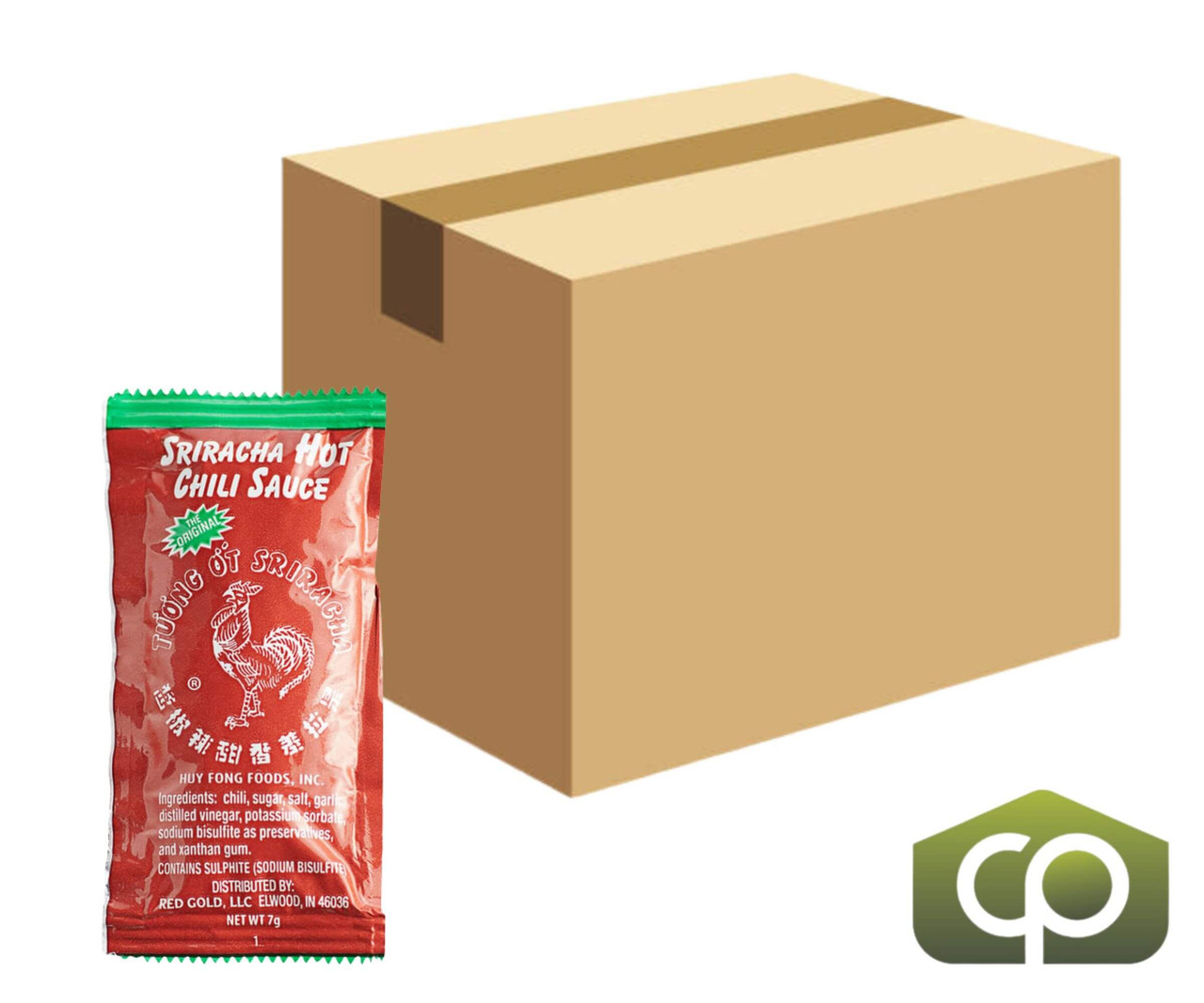 Huy Fong Sriracha Hot Chili Sauce Packets - 7g, 500/Case - Sun-Ripened Chilies - Chicken Pieces