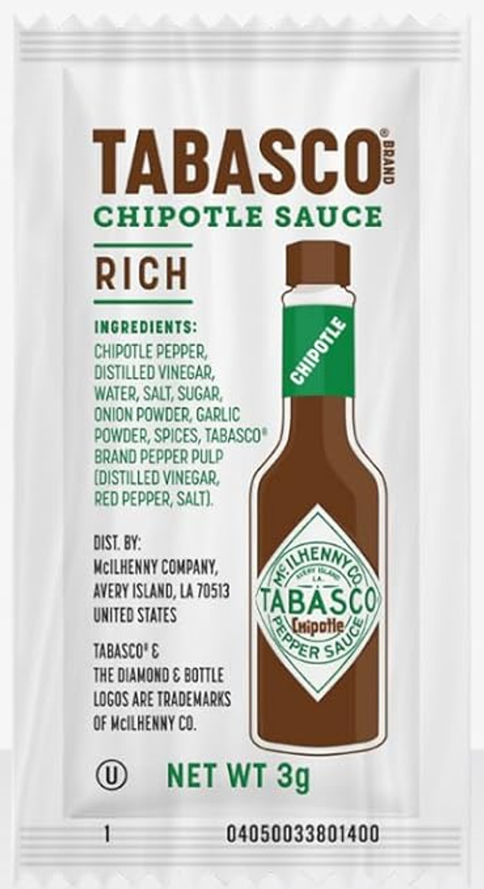 TABASCO® Chipotle Hot Sauce Portion Packet 3 Gram - 200/Case Rich, Smoky Flavor - Chicken Pieces