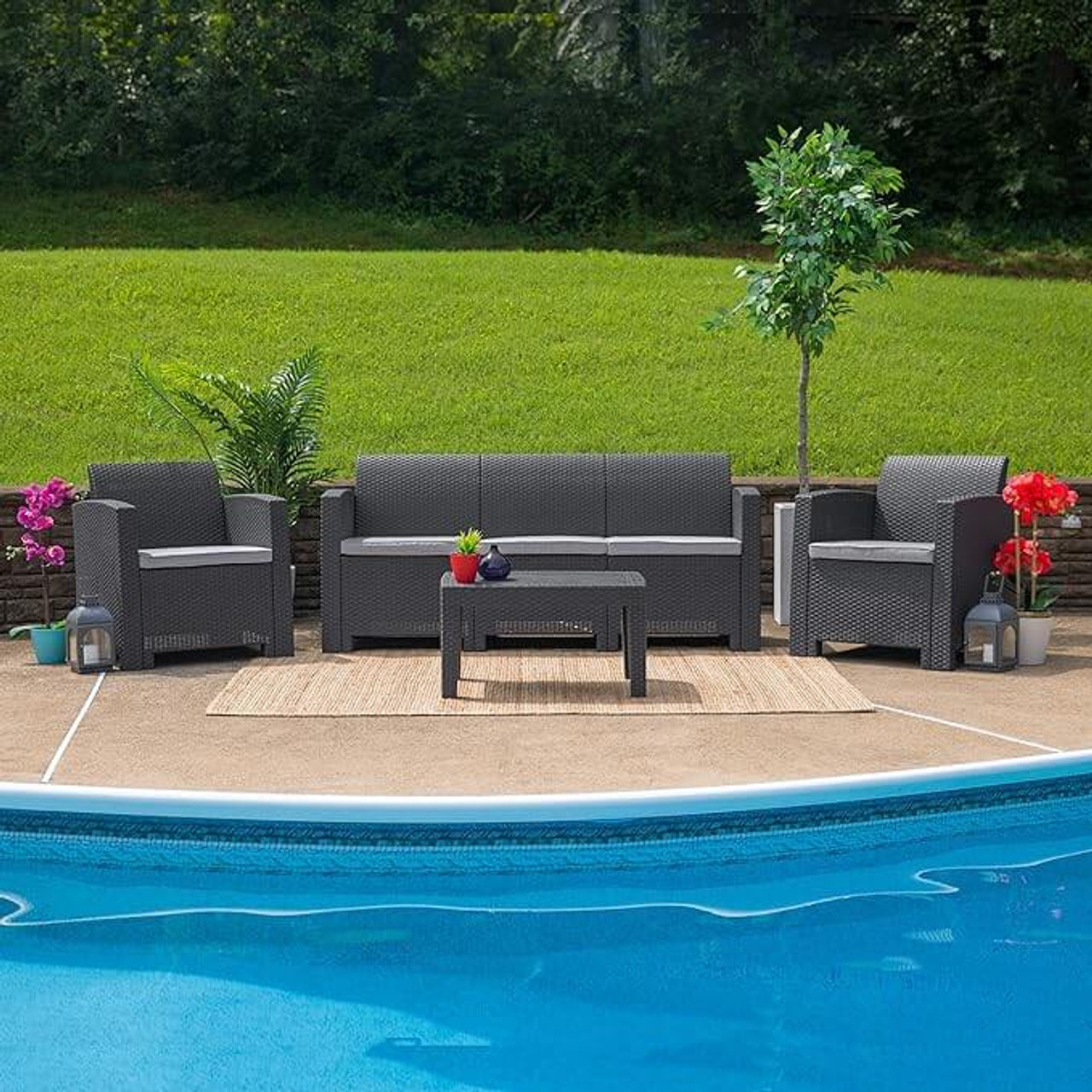 Flash Furniture 30"H, 67 1/2"W Resin, Dark Gray DAD-SF2-3-DKGY-GG Outdoor Sofa w/ Seat Cushions - Chicken Pieces