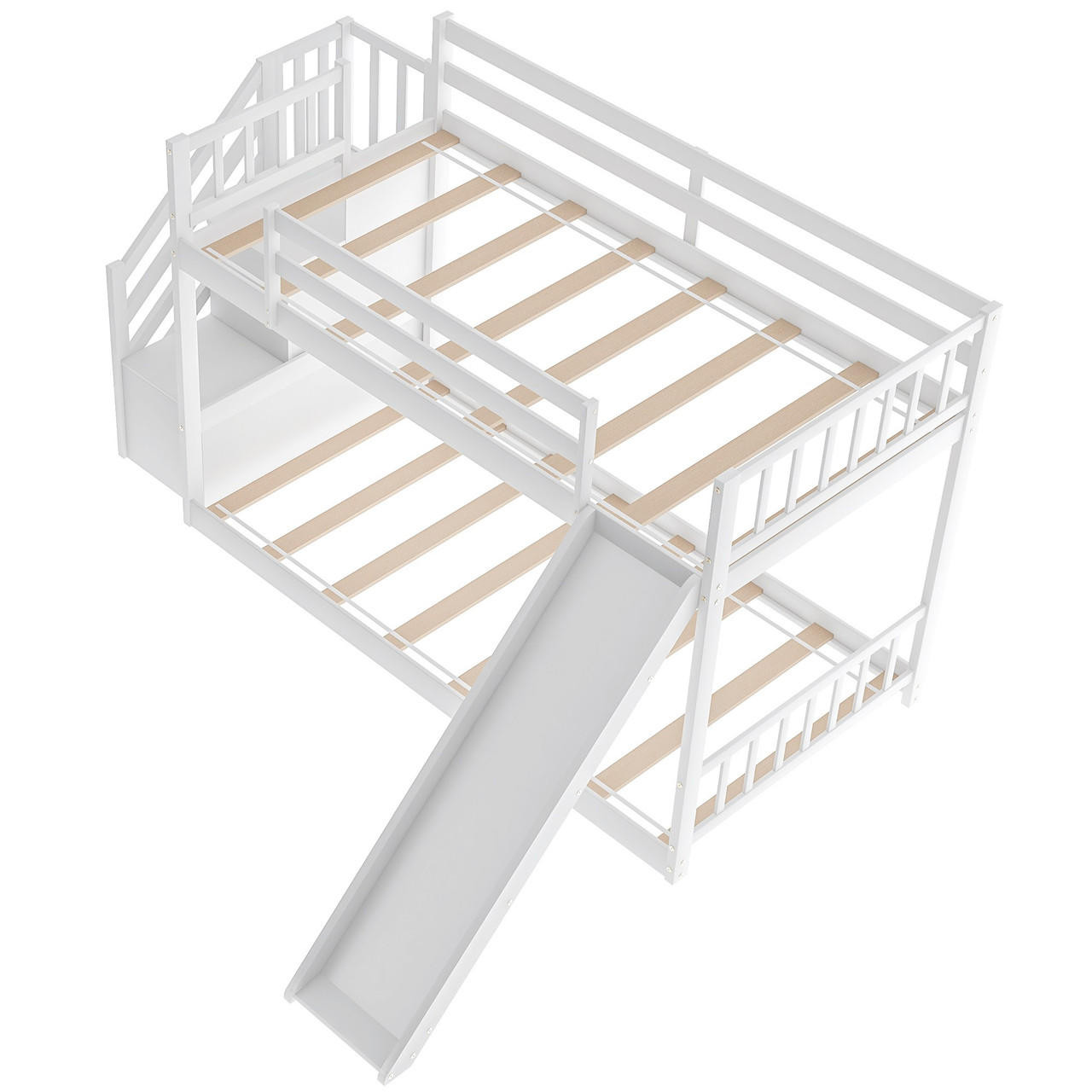 homeroots bed & bath White Twin Over Twin Bunk Bed with Stairway and Slide 