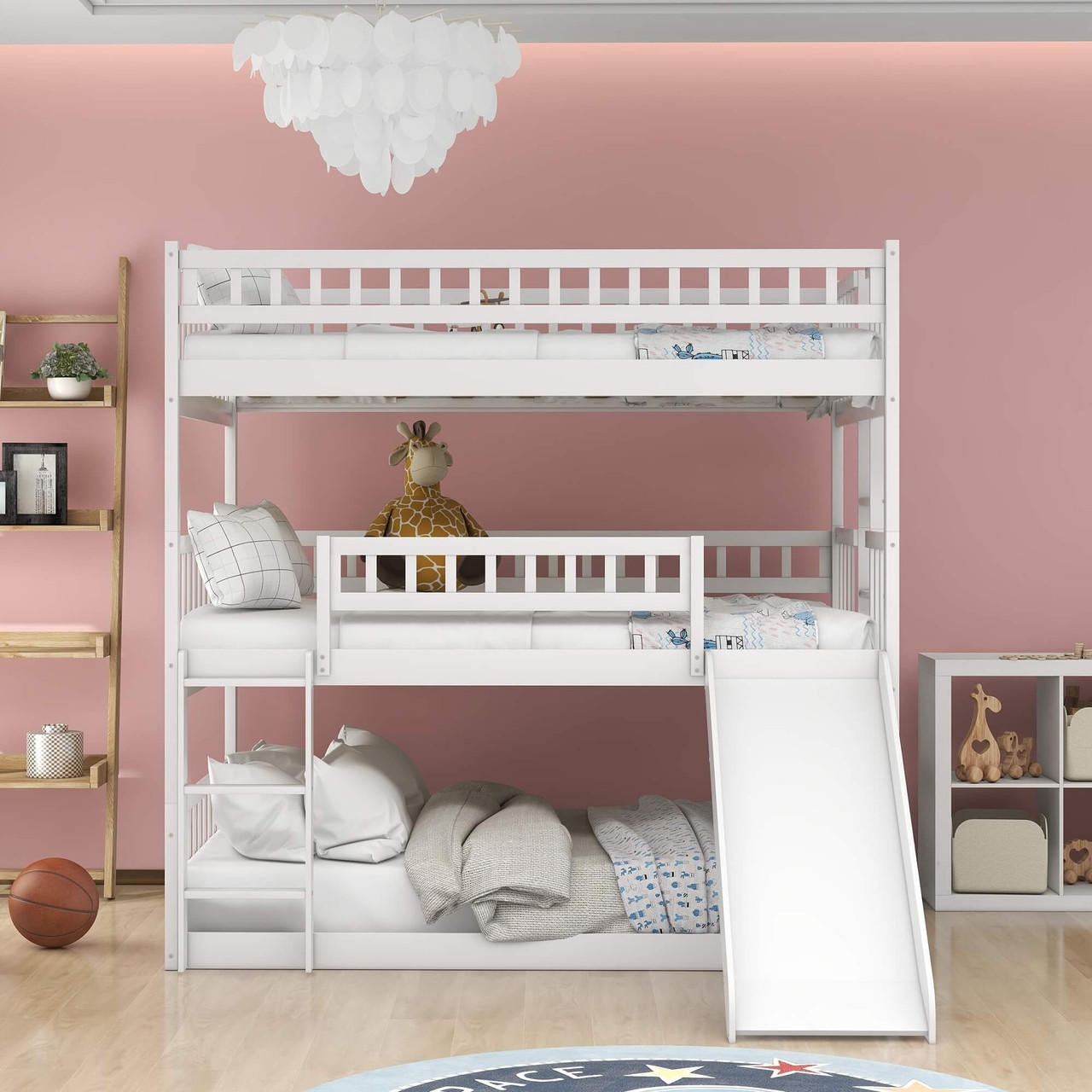homeroots bed & bath White Full Over Full Over Full Contemporary Bunk Bed With Slide 