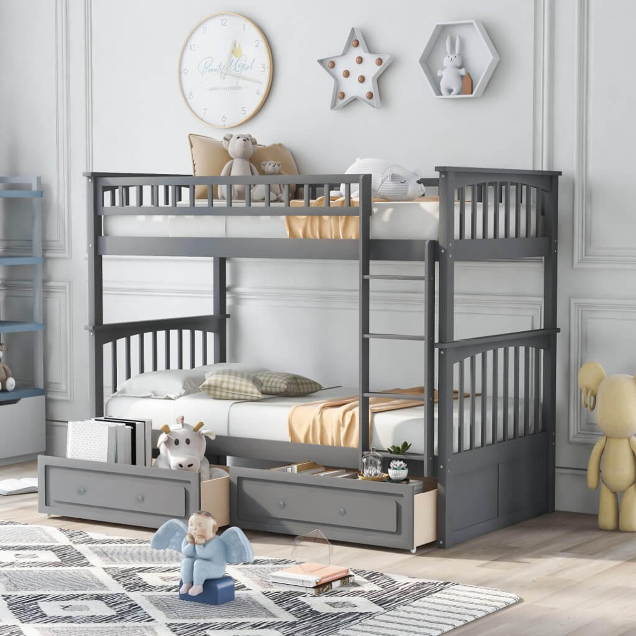 homeroots bed & bath Twin over Twin Bunk Bed Drawers Convertible Beds Gray 