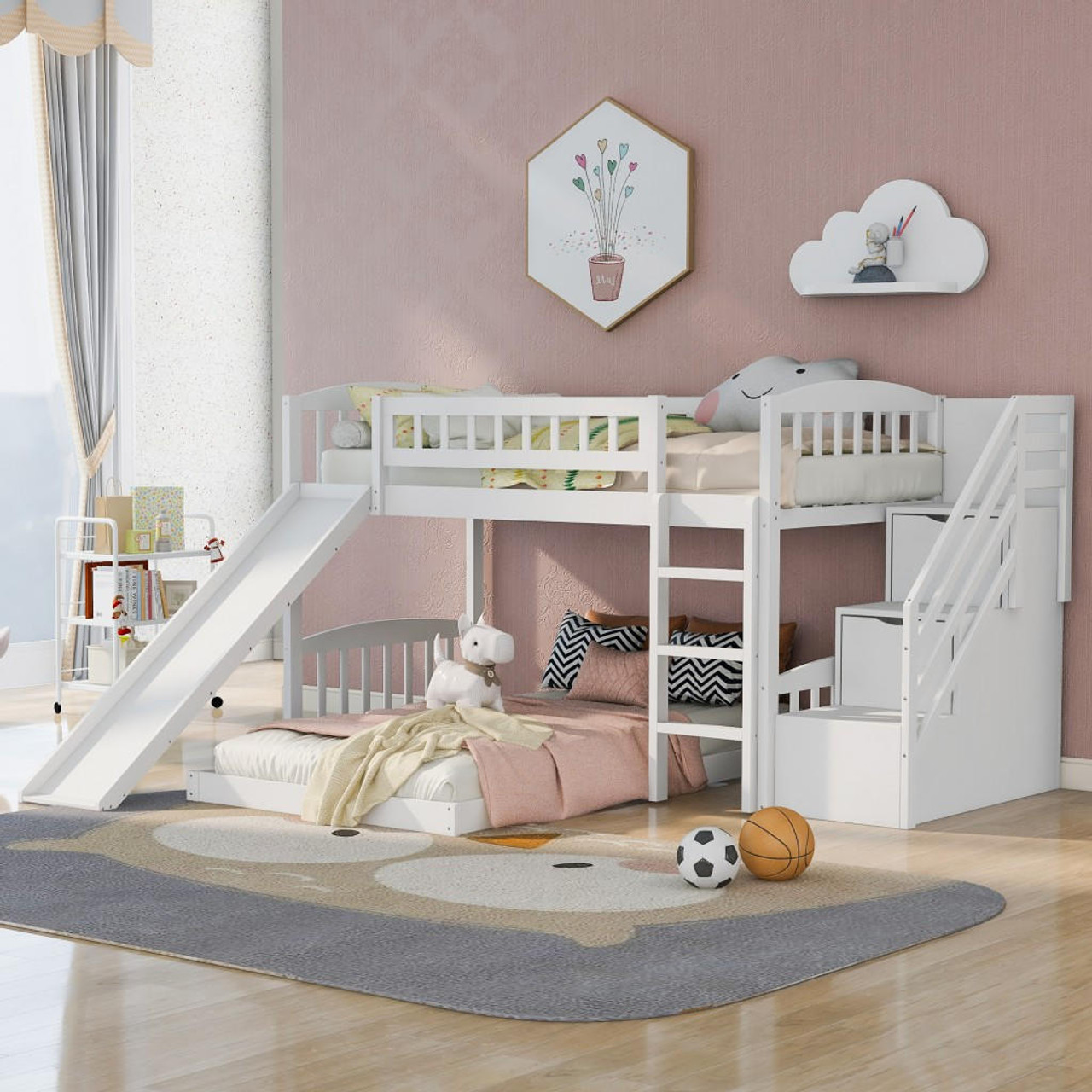 homeroots bed & bath White Twin Over Twin Perpendicular Bunk Bed with Storage Stairs and Slide 