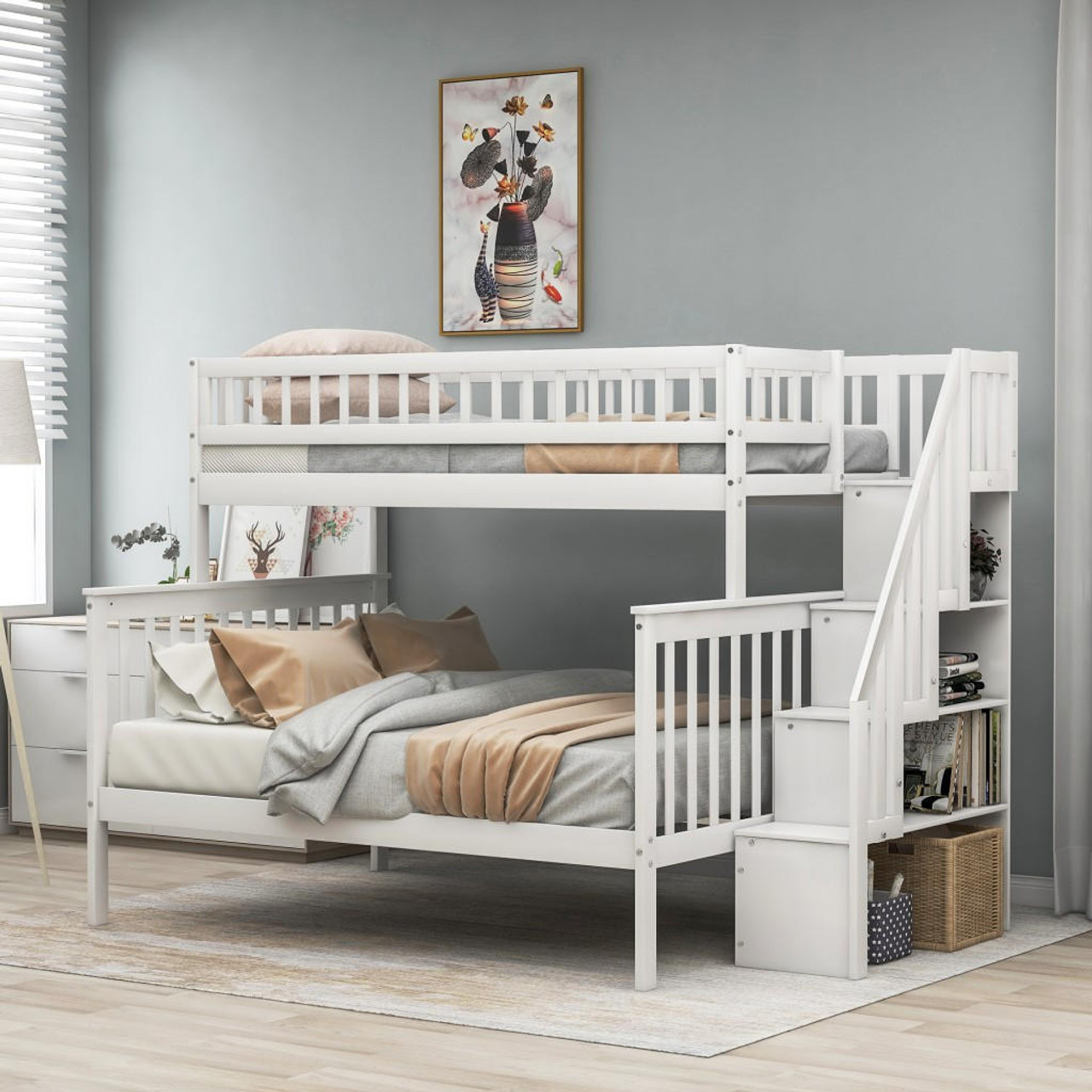 homeroots bed & bath White Twin Over Full Farmhouse Style Bunk Bed with Staircase 