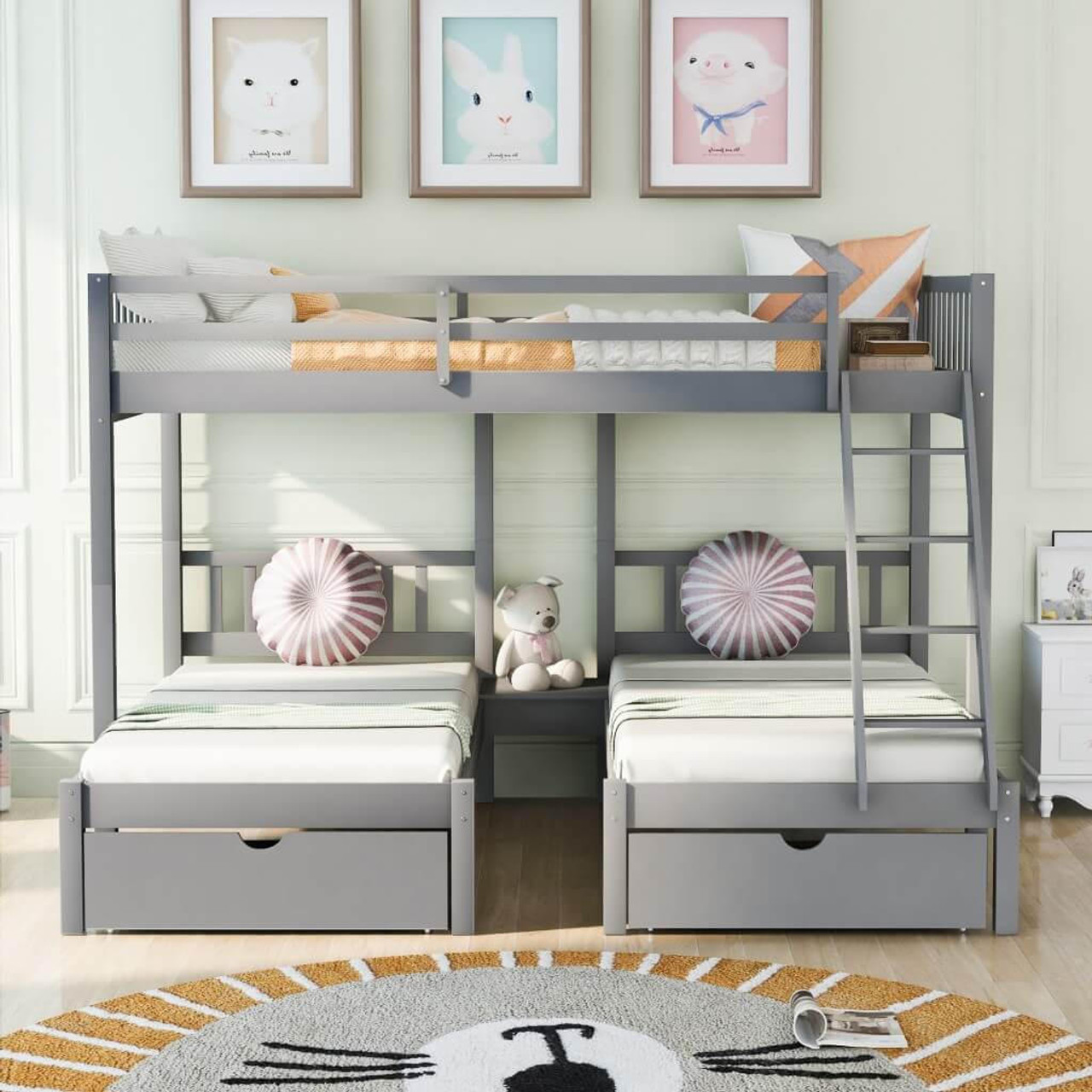 homeroots bed & bath Gray Full Over Double Twin Triple Bunk Beds with Drawers 