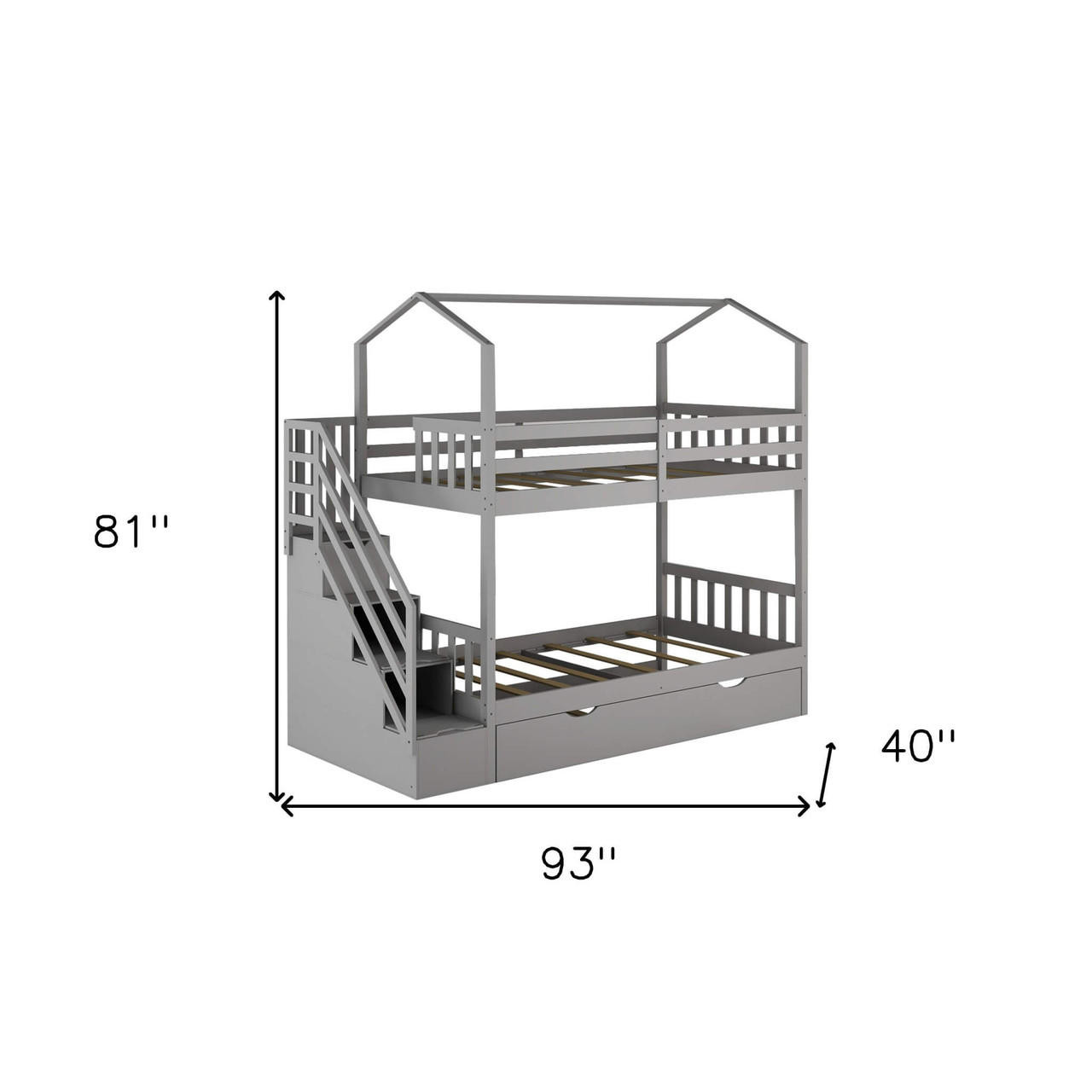 homeroots bed & bath Gray Twin Over Twin Playhouse Bunk Bed with Trundle and Staircase 