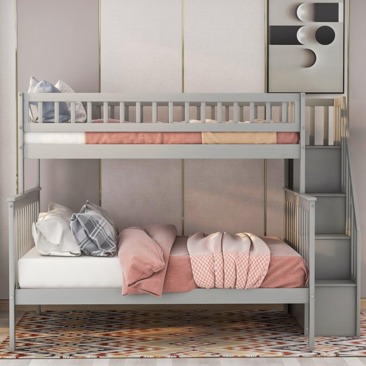 homeroots bed & bath Gray Twin Over Full Farmhouse Style Bunk Bed with Staircase 