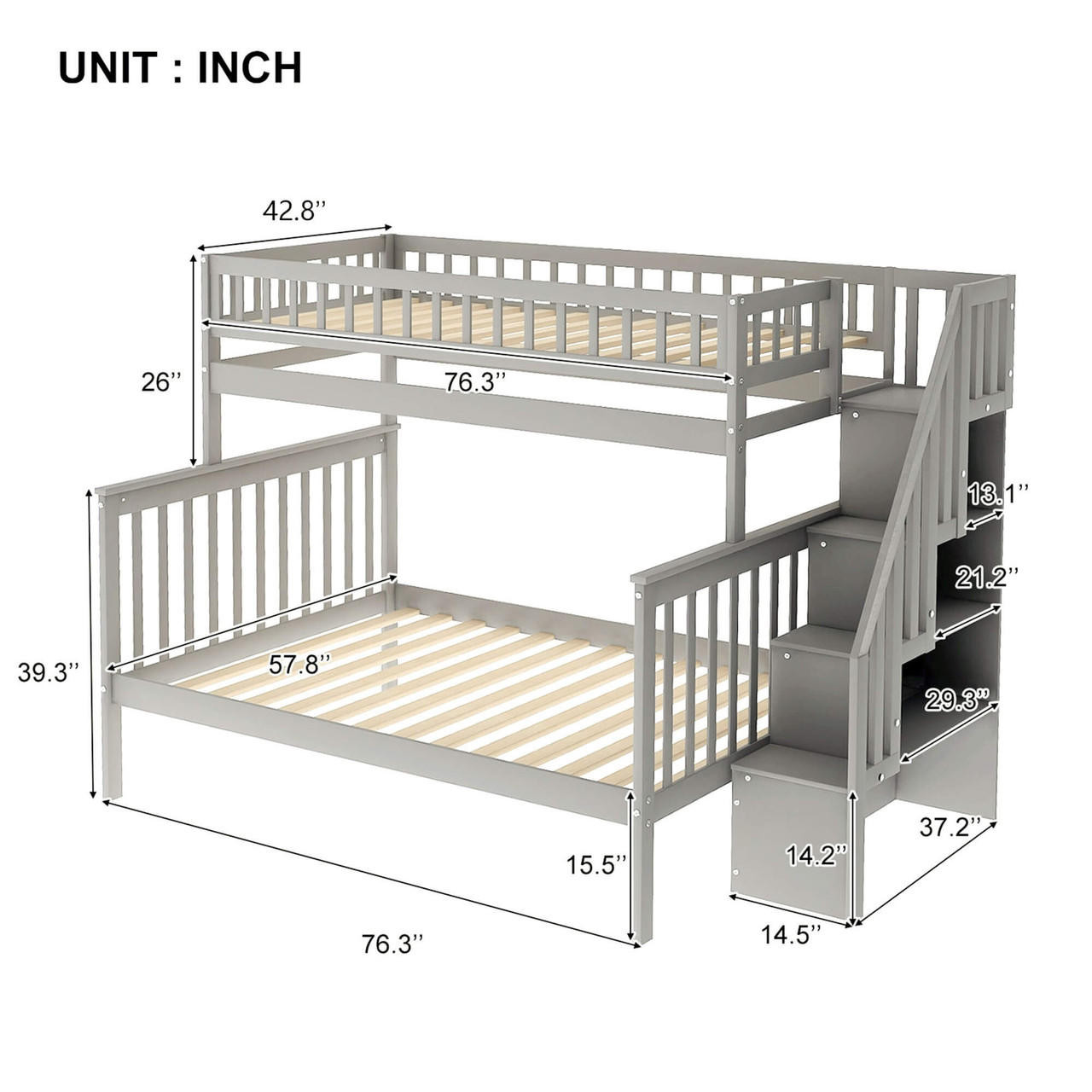 homeroots bed & bath Gray Twin Over Full Farmhouse Style Bunk Bed with Staircase 