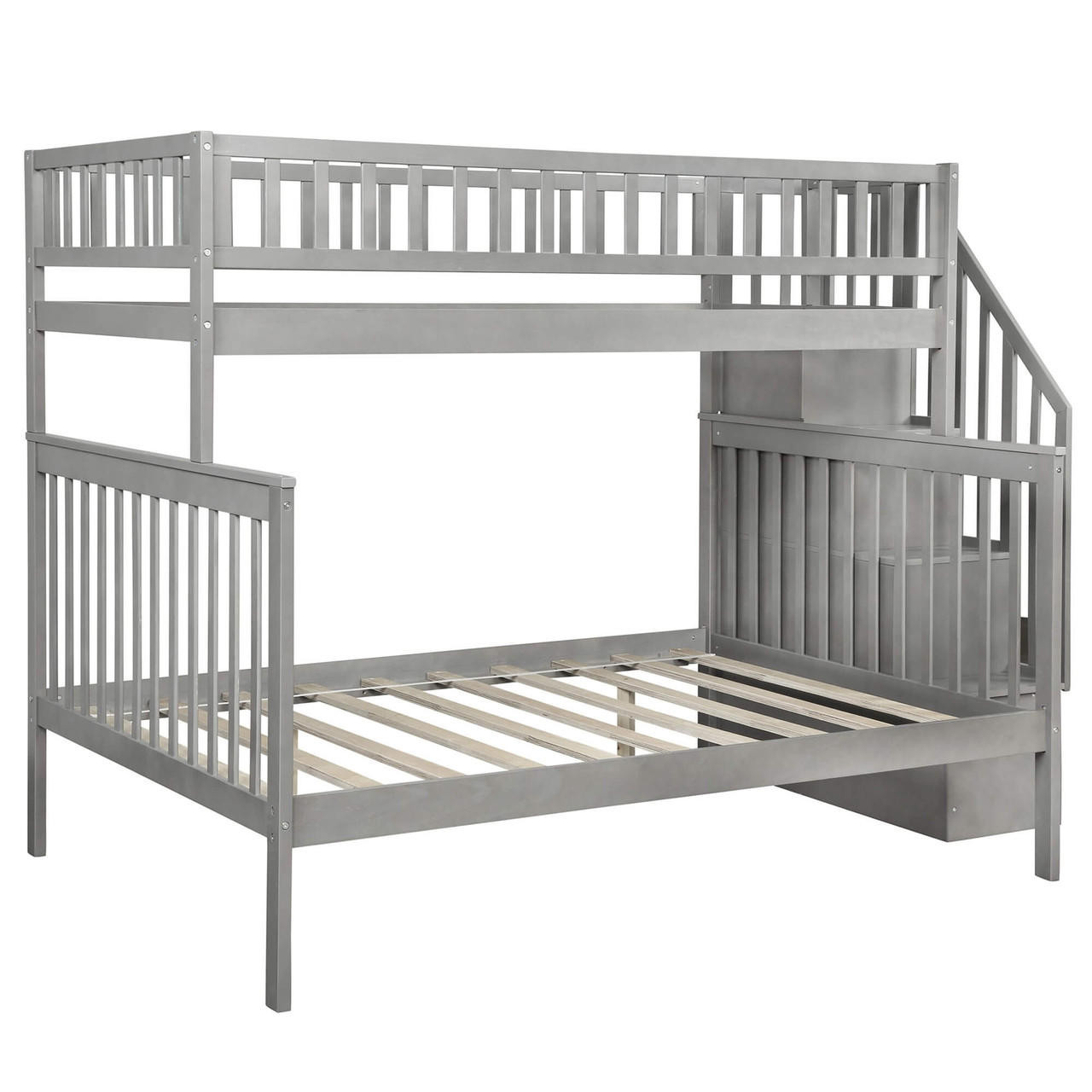 homeroots bed & bath Gray Twin Over Full Farmhouse Style Bunk Bed with Staircase 