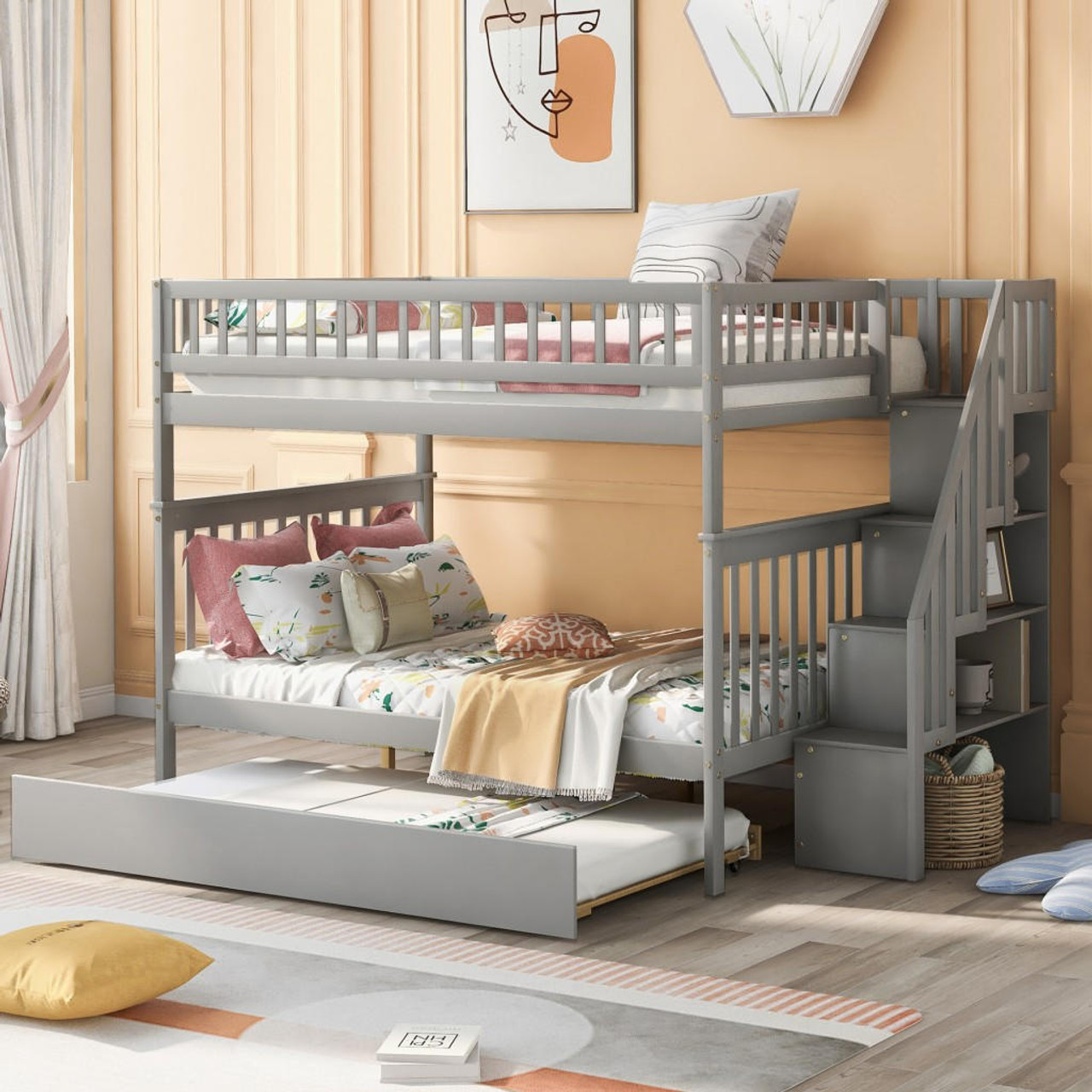 homeroots bed & bath Gray Full Over Full Farmhouse Style Bunk Bed with Trundle and Staircase 