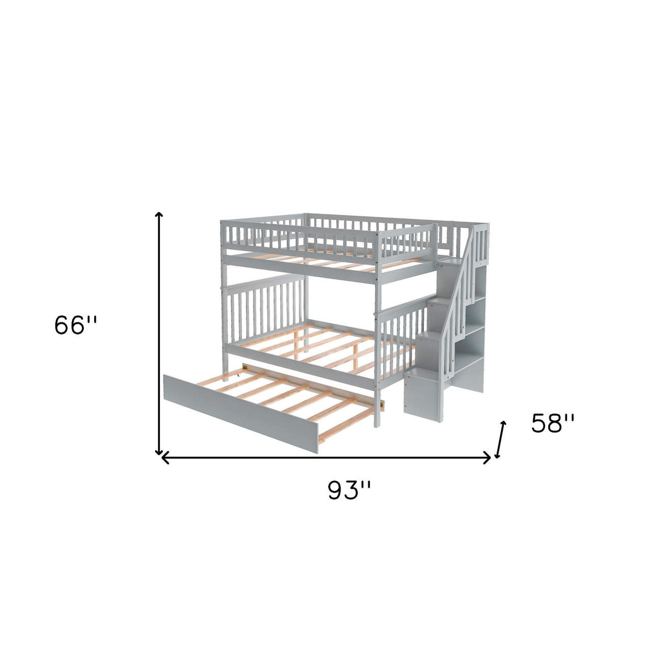 homeroots bed & bath Gray Full Over Full Farmhouse Style Bunk Bed with Trundle and Staircase 