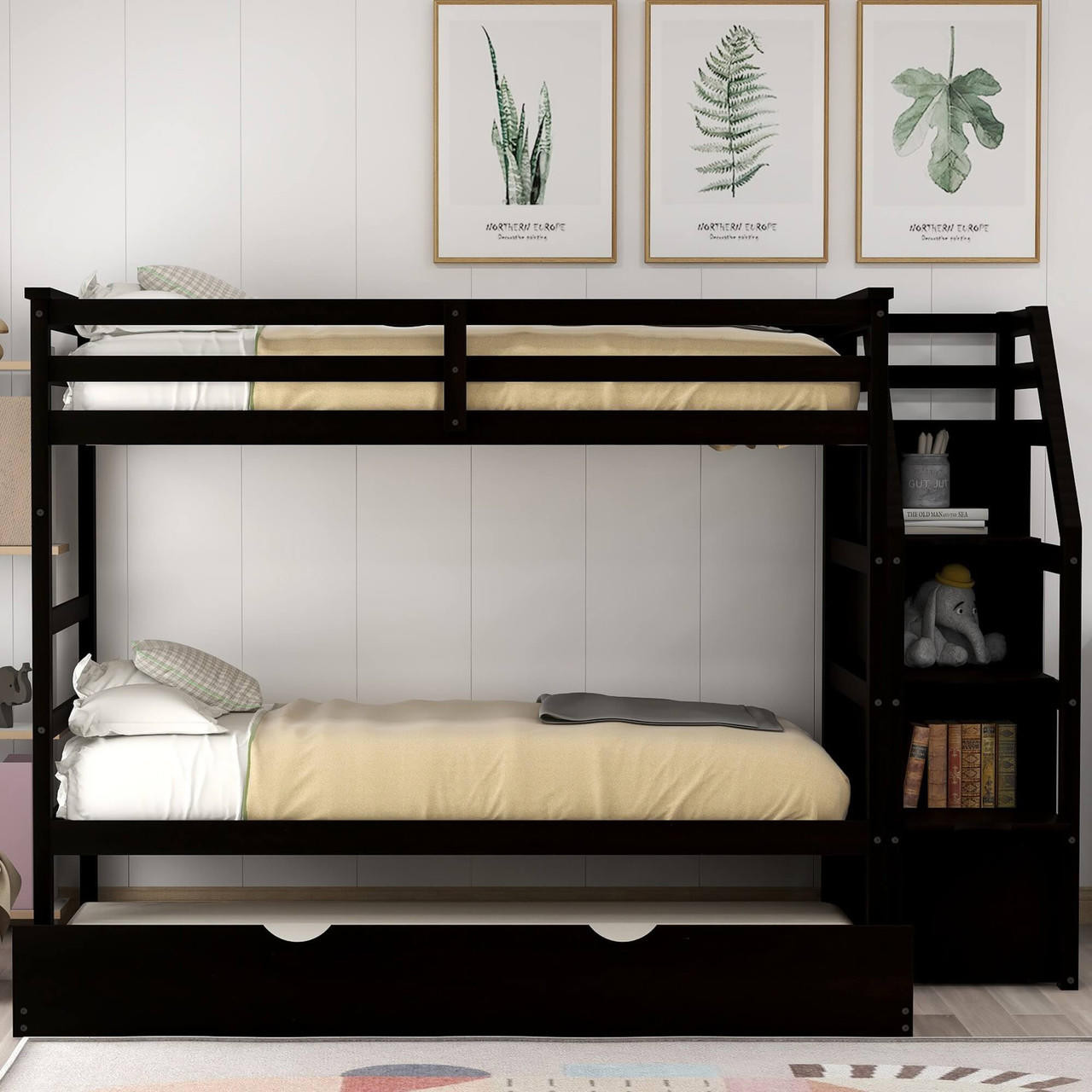 homeroots bed & bath Brown Twin Over Twin Bunk Bed with Trundle 