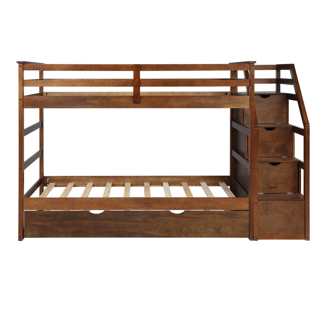 homeroots bed & bath Walnut Twin Over Twin Bunk Bed with Trundle 