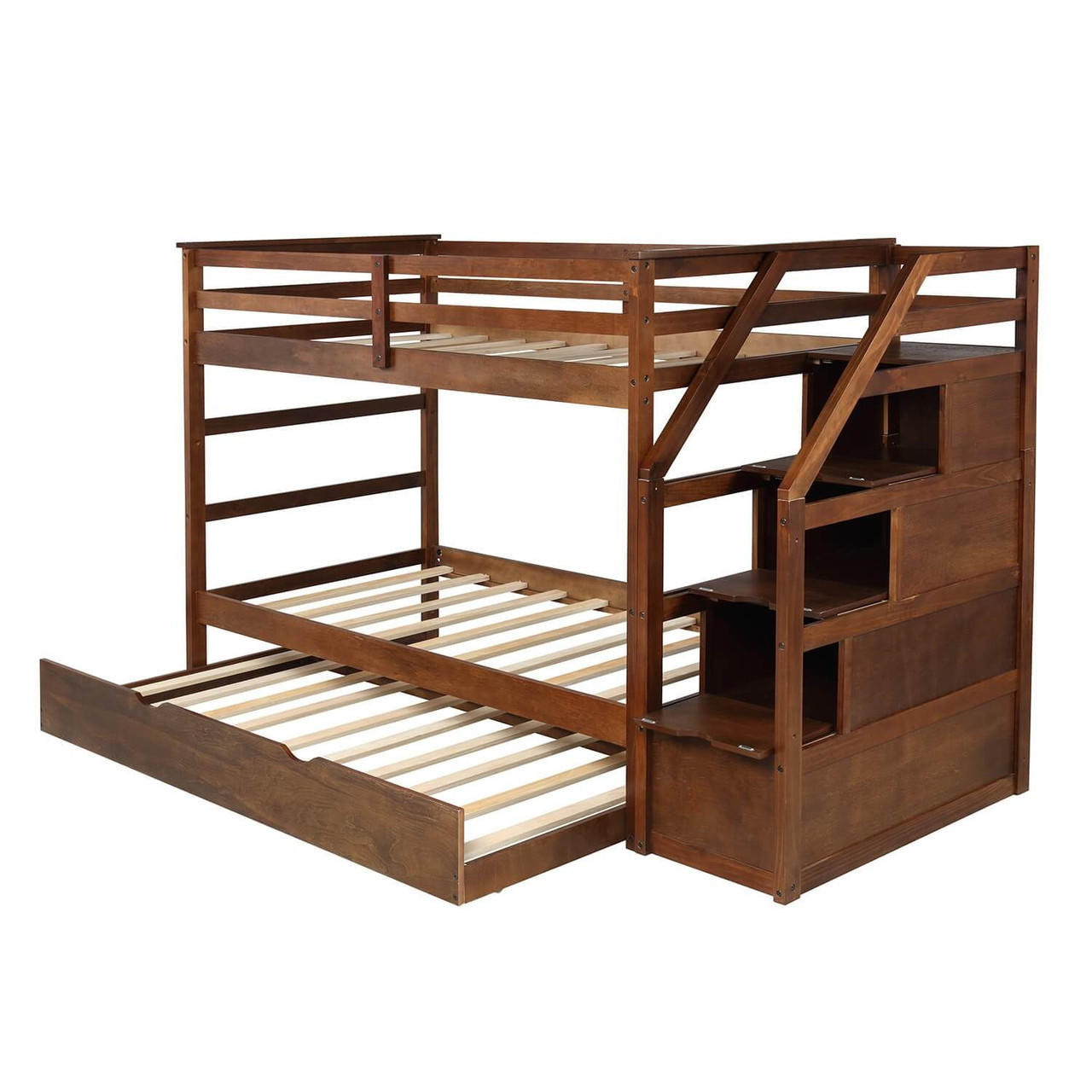 homeroots bed & bath Walnut Twin Over Twin Bunk Bed with Trundle 