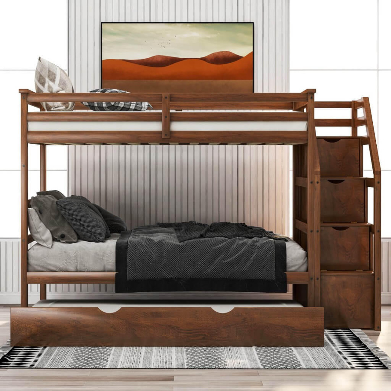 homeroots bed & bath Walnut Twin Over Twin Bunk Bed with Trundle 