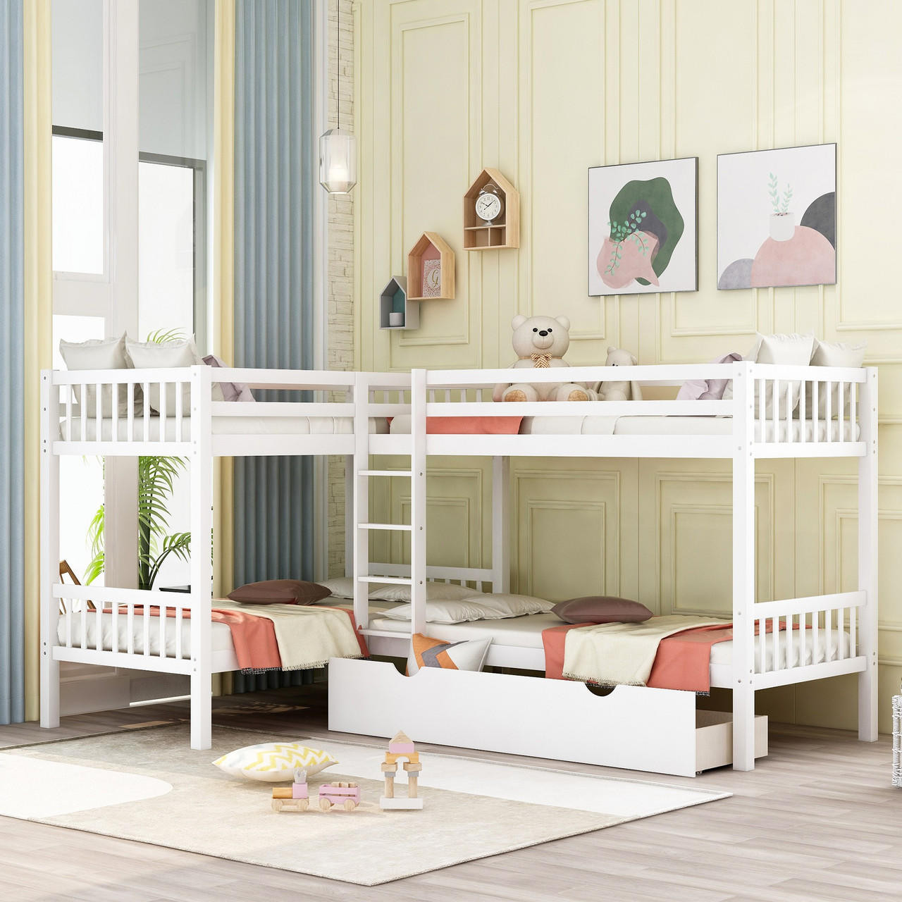 homeroots bed & bath White Twin Size L Shaped Double Bunk Bed with Drawer 