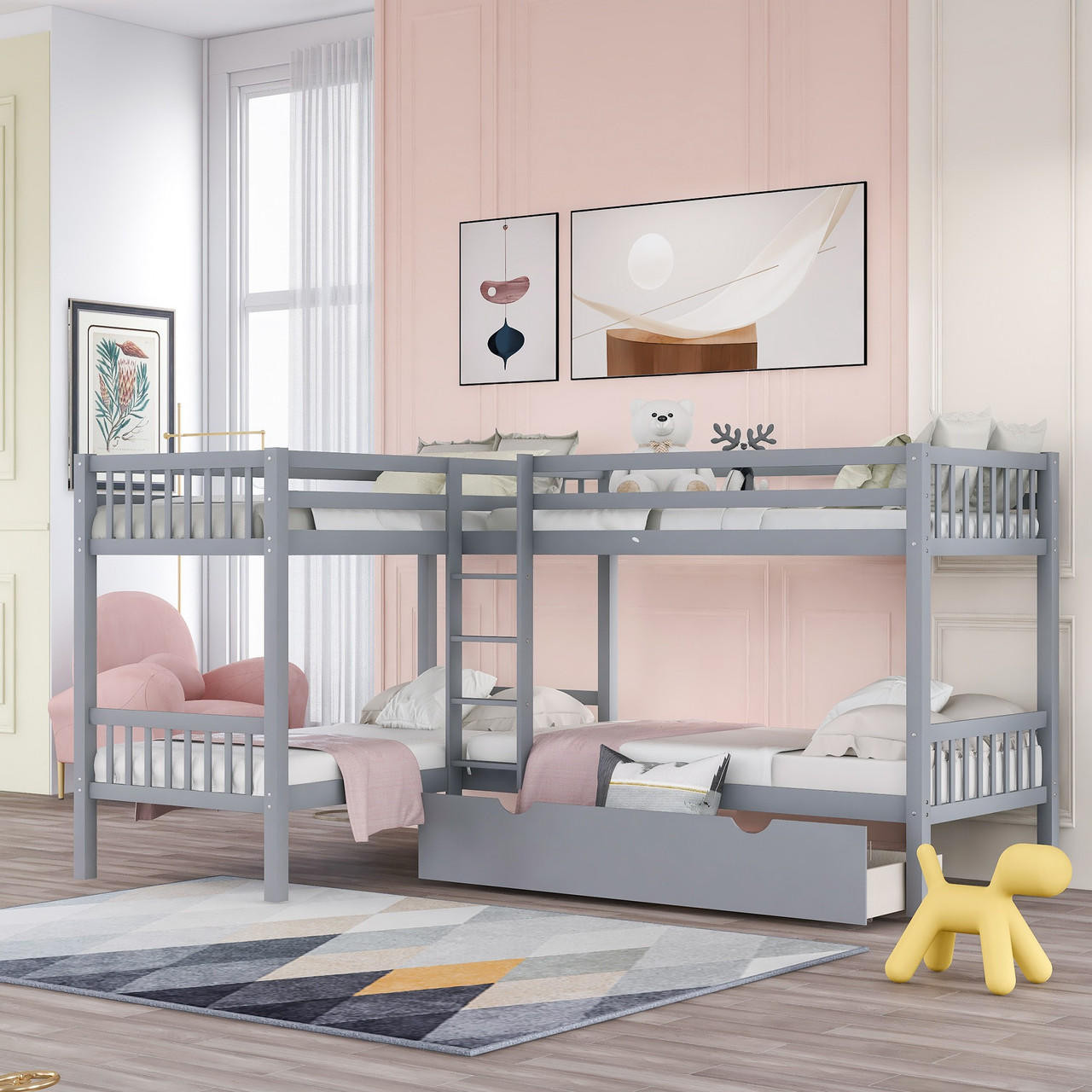 homeroots bed & bath Gray Twin Size L Shaped Double Bunk Bed with Drawer 