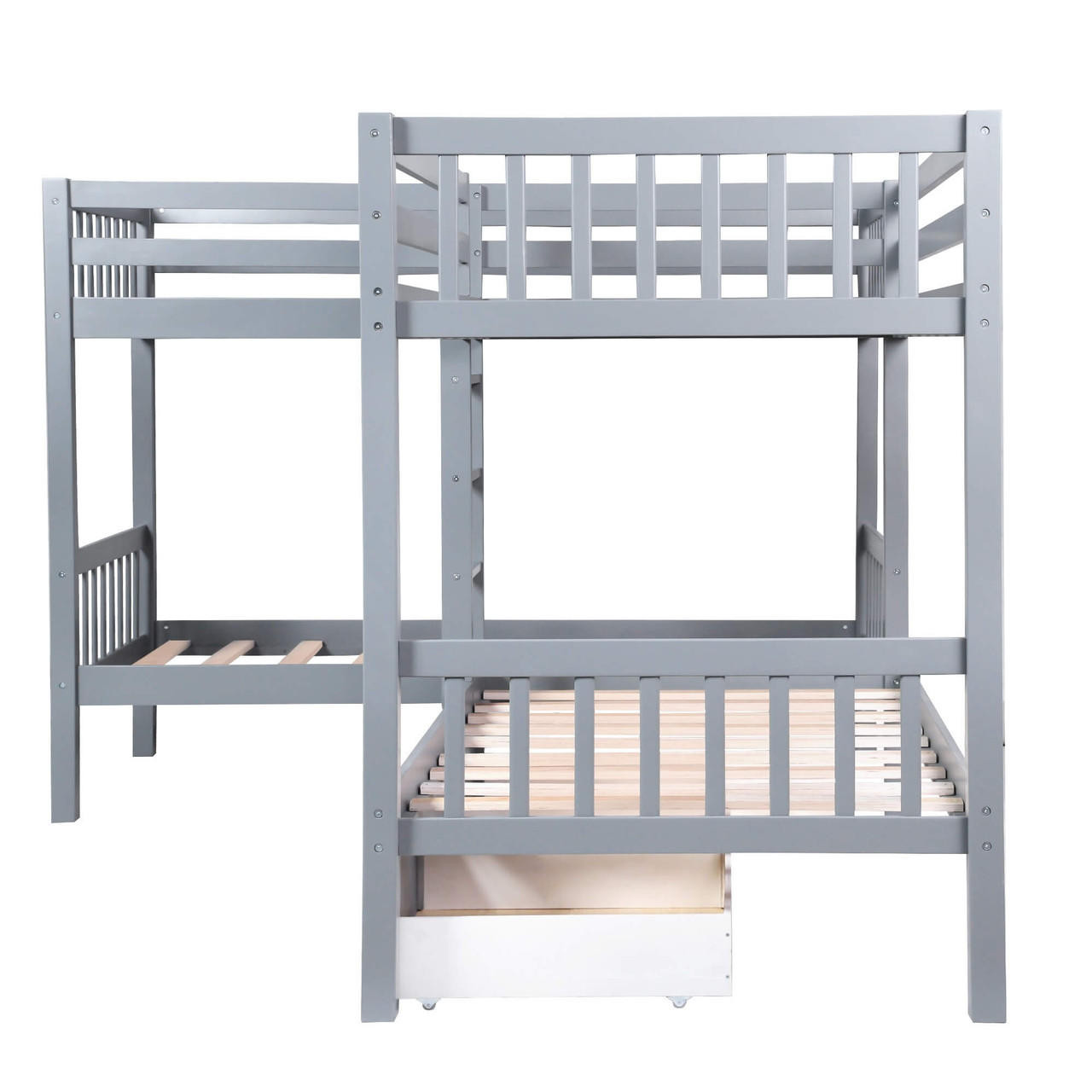 homeroots bed & bath Gray Twin Size L Shaped Double Bunk Bed with Drawer 
