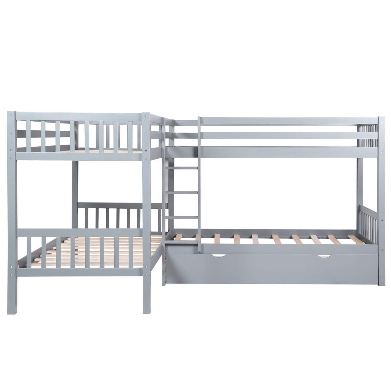 homeroots bed & bath Gray Twin Size L Shaped Double Bunk Bed with Drawer 
