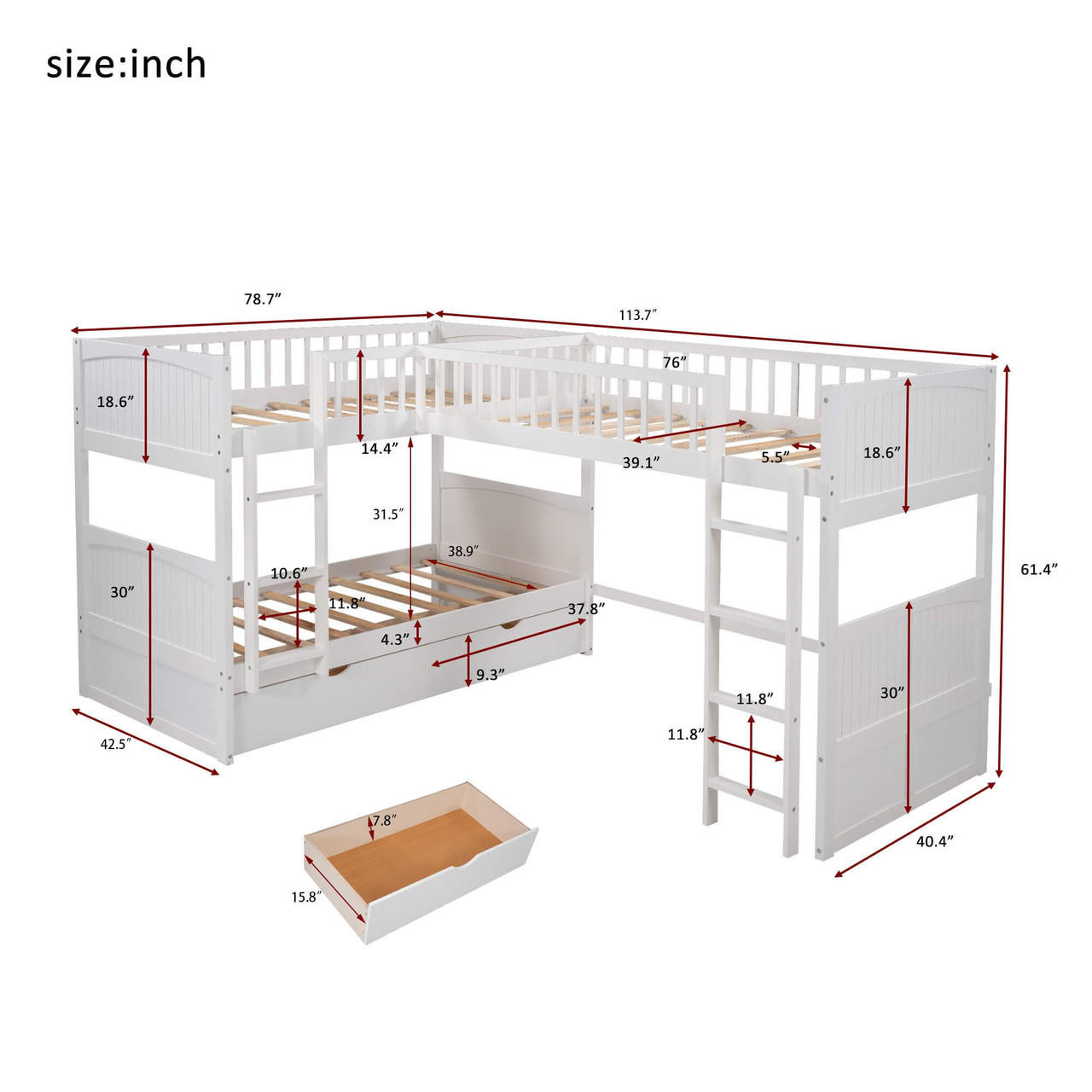 homeroots bed & bath White Twin Size Bunk Bed with attached Loft Bed and Drawers 