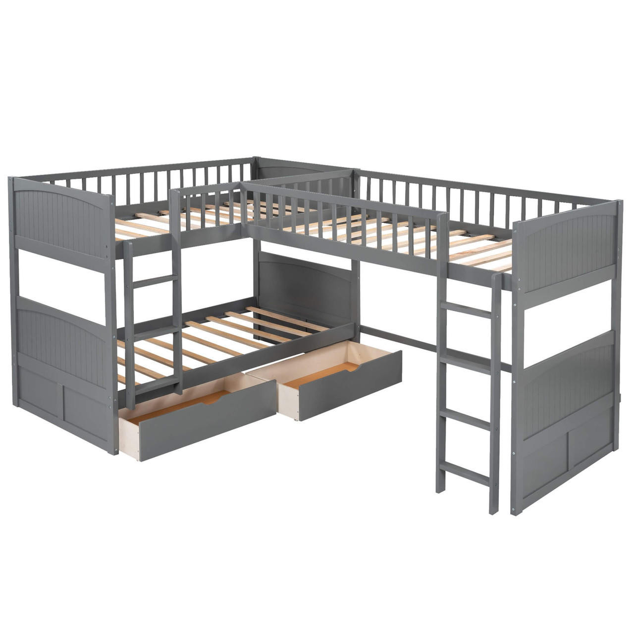 homeroots bed & bath Gray Twin Size Bunk Bed with attached Loft Bed and Drawers 