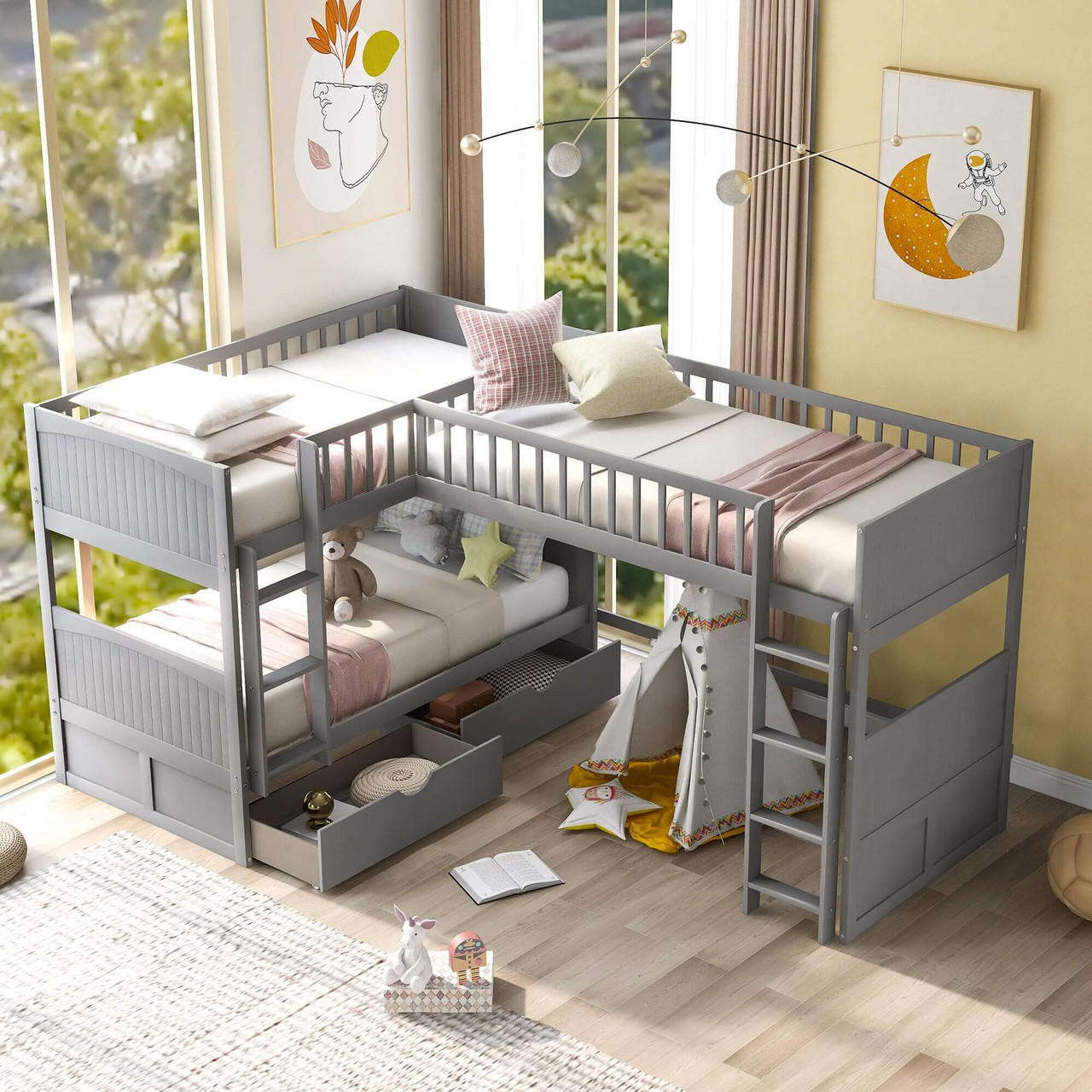 homeroots bed & bath Gray Twin Size Bunk Bed with attached Loft Bed and Drawers 