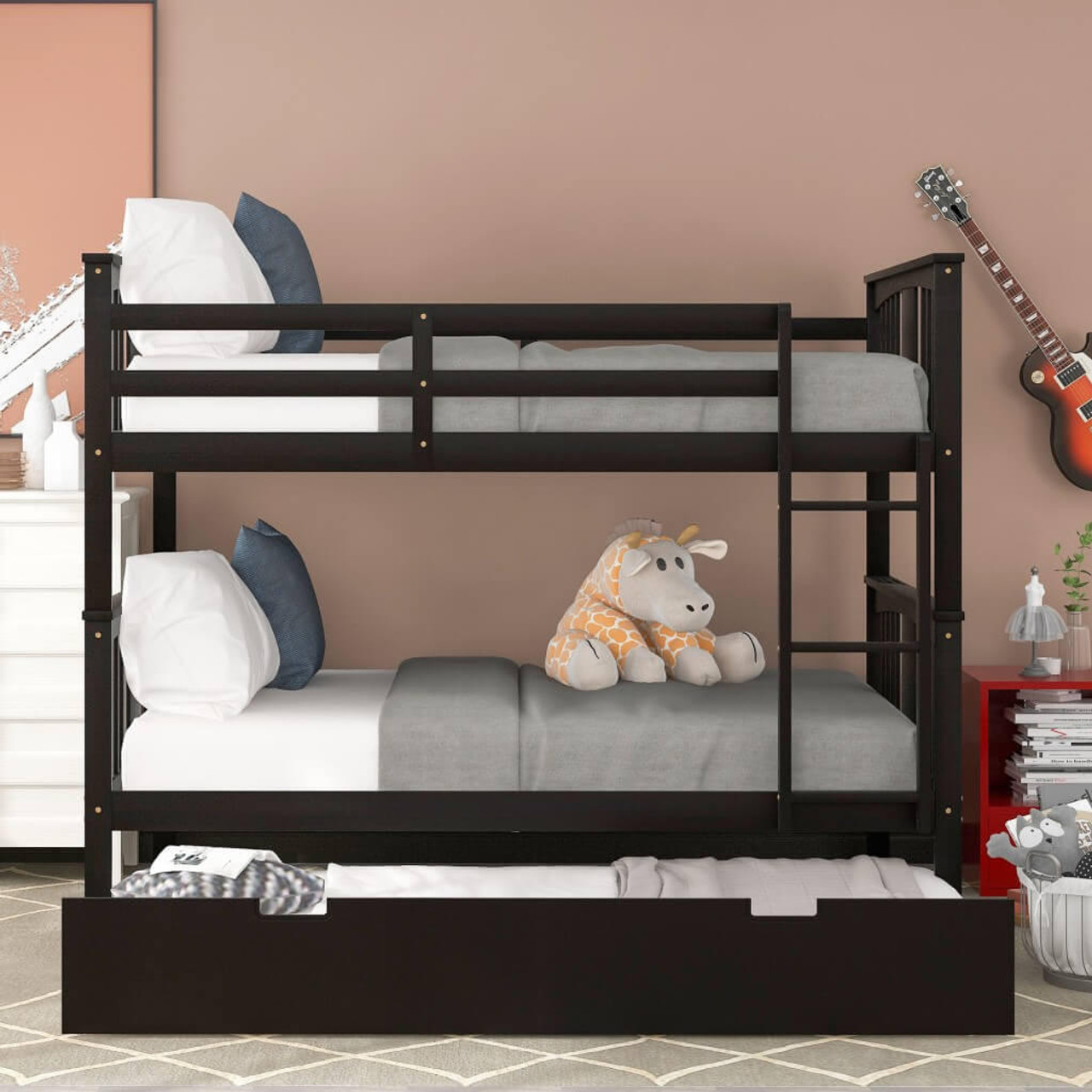 homeroots bed & bath Brown Double Full Size Over Twin Trundle Bunk Bed 