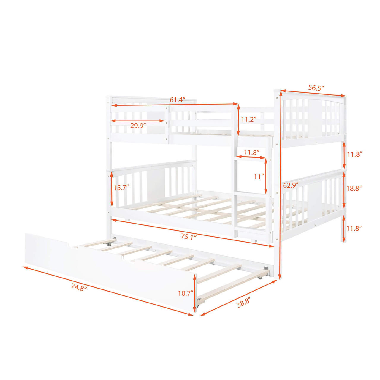 homeroots bed & bath White Double Full Size Over Twin Trundle Bunk Bed 