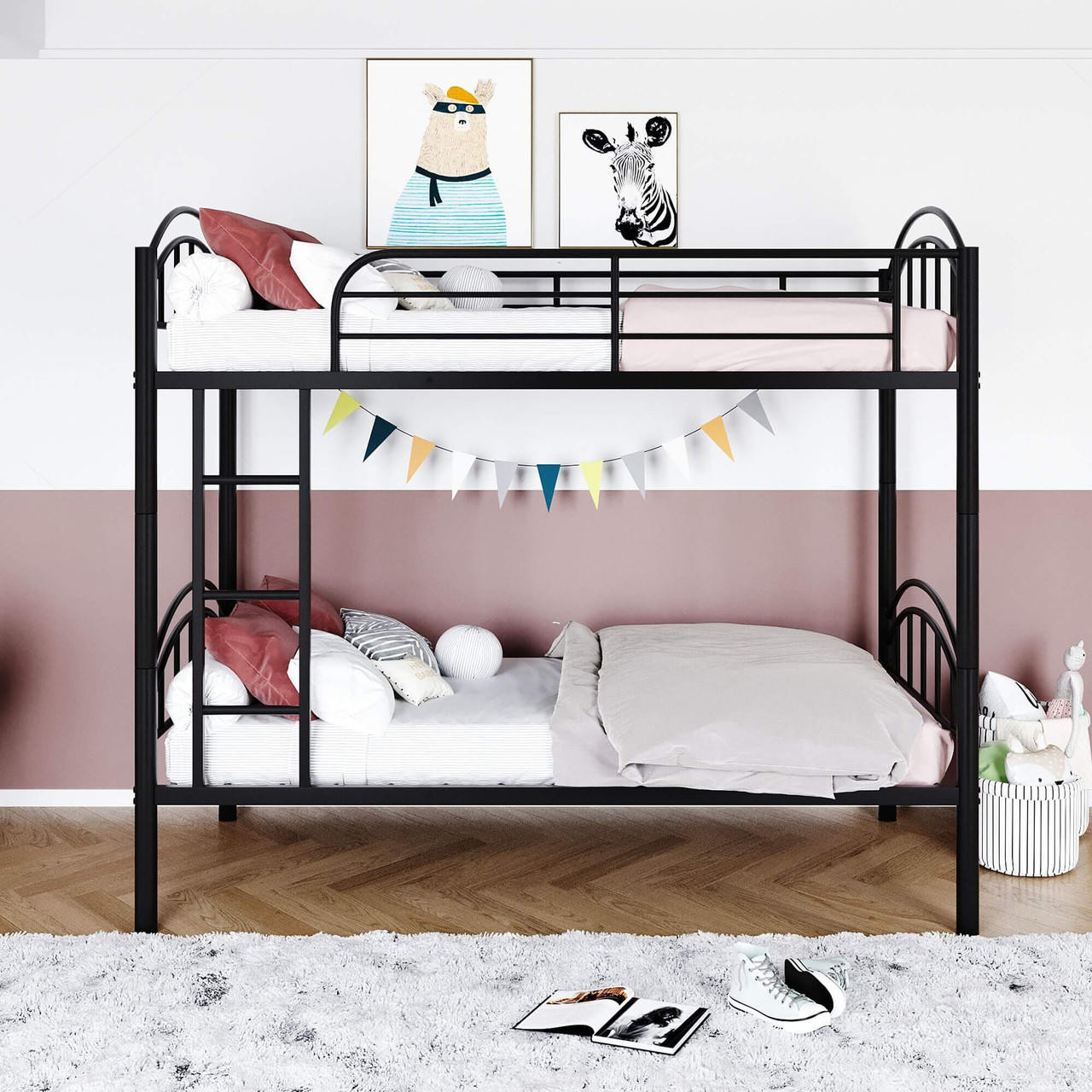 homeroots bed & bath Black Modern Classic Twin Over Twin Metal Bunk Bed 