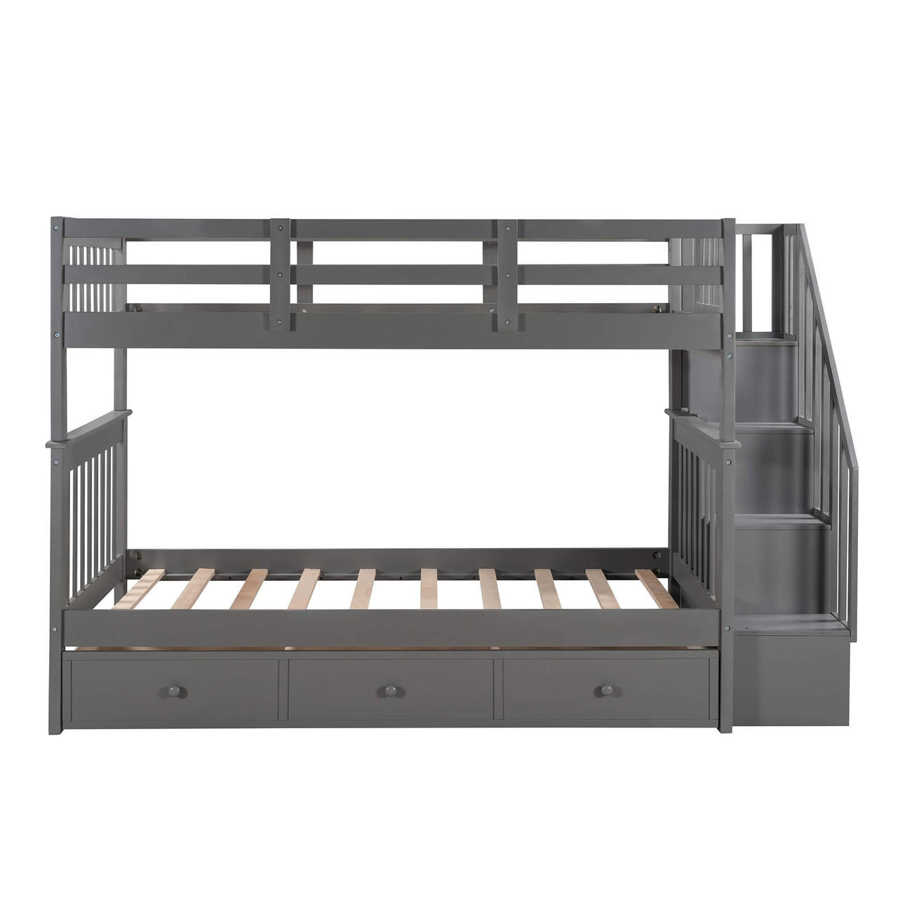 homeroots bed & bath Gray Twin Over Twin Bunk Bed with Stairway and Drawers 