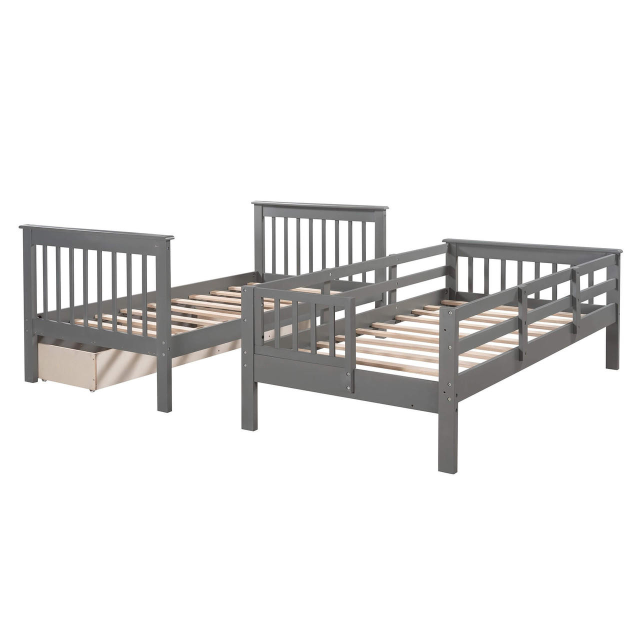 homeroots bed & bath Gray Twin Over Twin Bunk Bed with Stairway and Drawers 