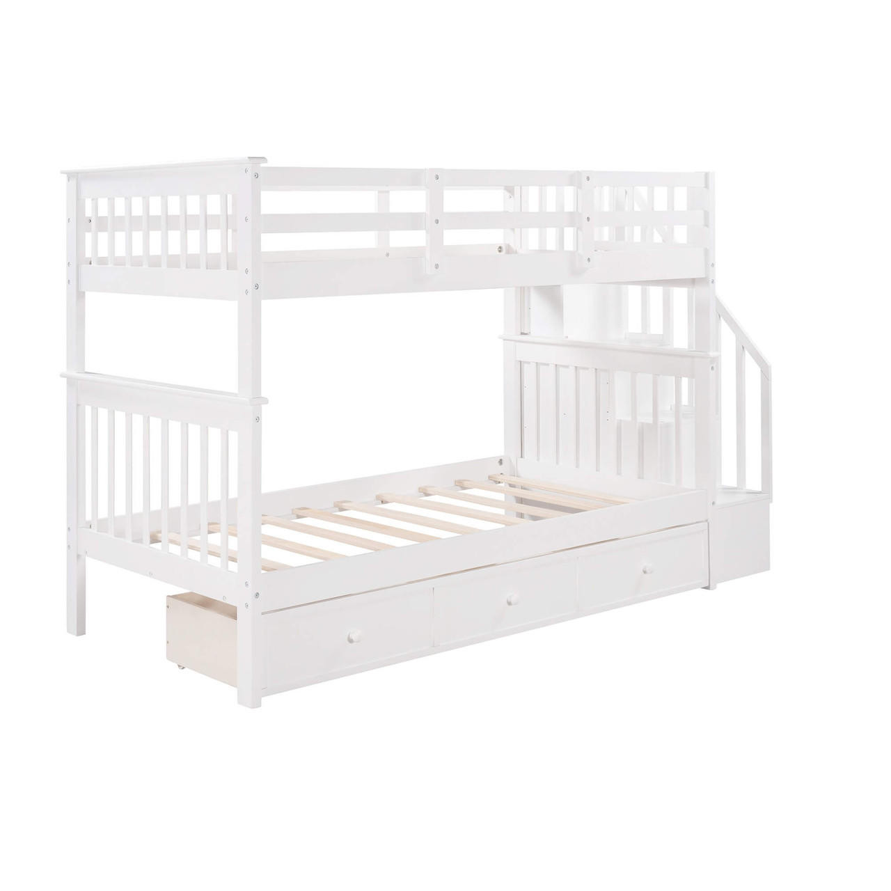 homeroots bed & bath White Twin Over Twin Bunk Bed with Stairway and Drawers 
