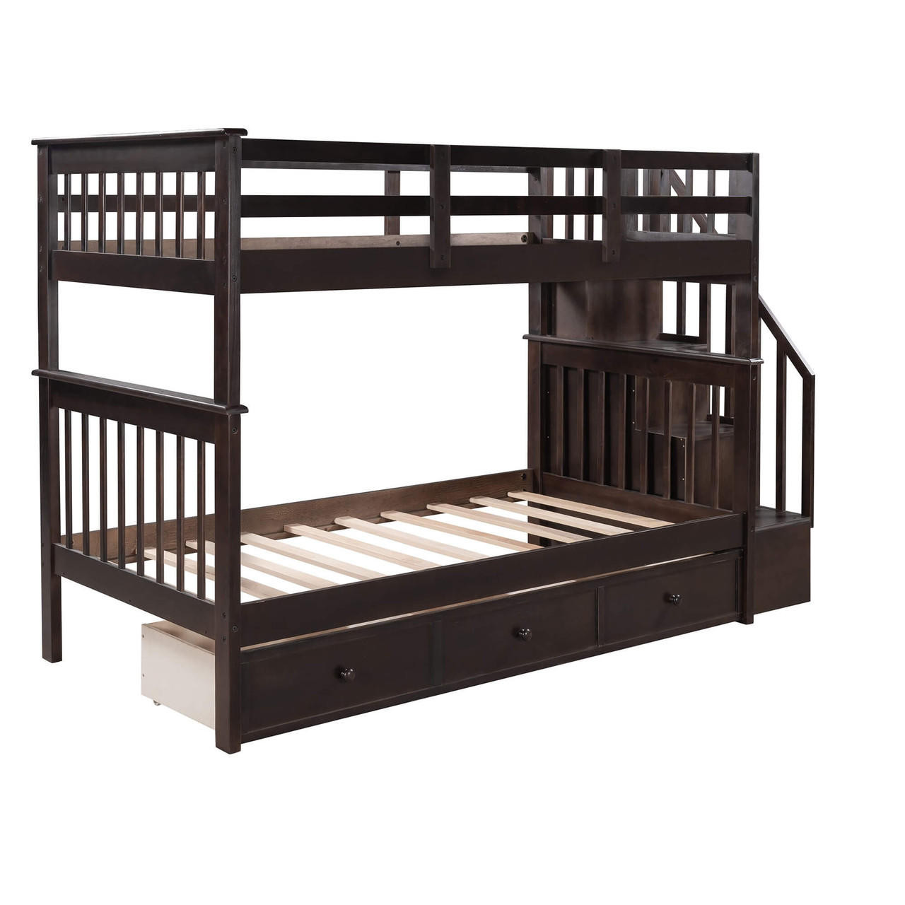 homeroots bed & bath Espresso Twin Over Twin Bunk Bed with Stairway and Drawers 