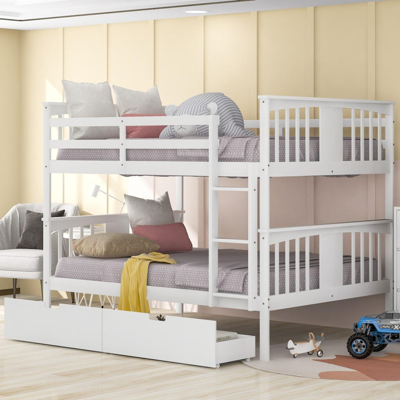 homeroots bed & bath Modern White Full Over Full Bunk Bed with Two Drawers 