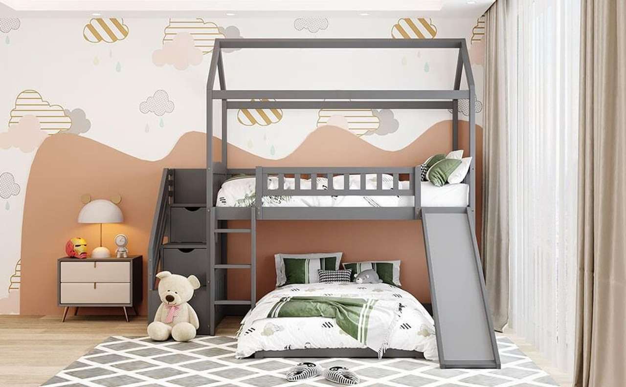 homeroots bed & bath Gray Twin Over Twin PlayHouse Perpendicular Bunk Bed with Slide 