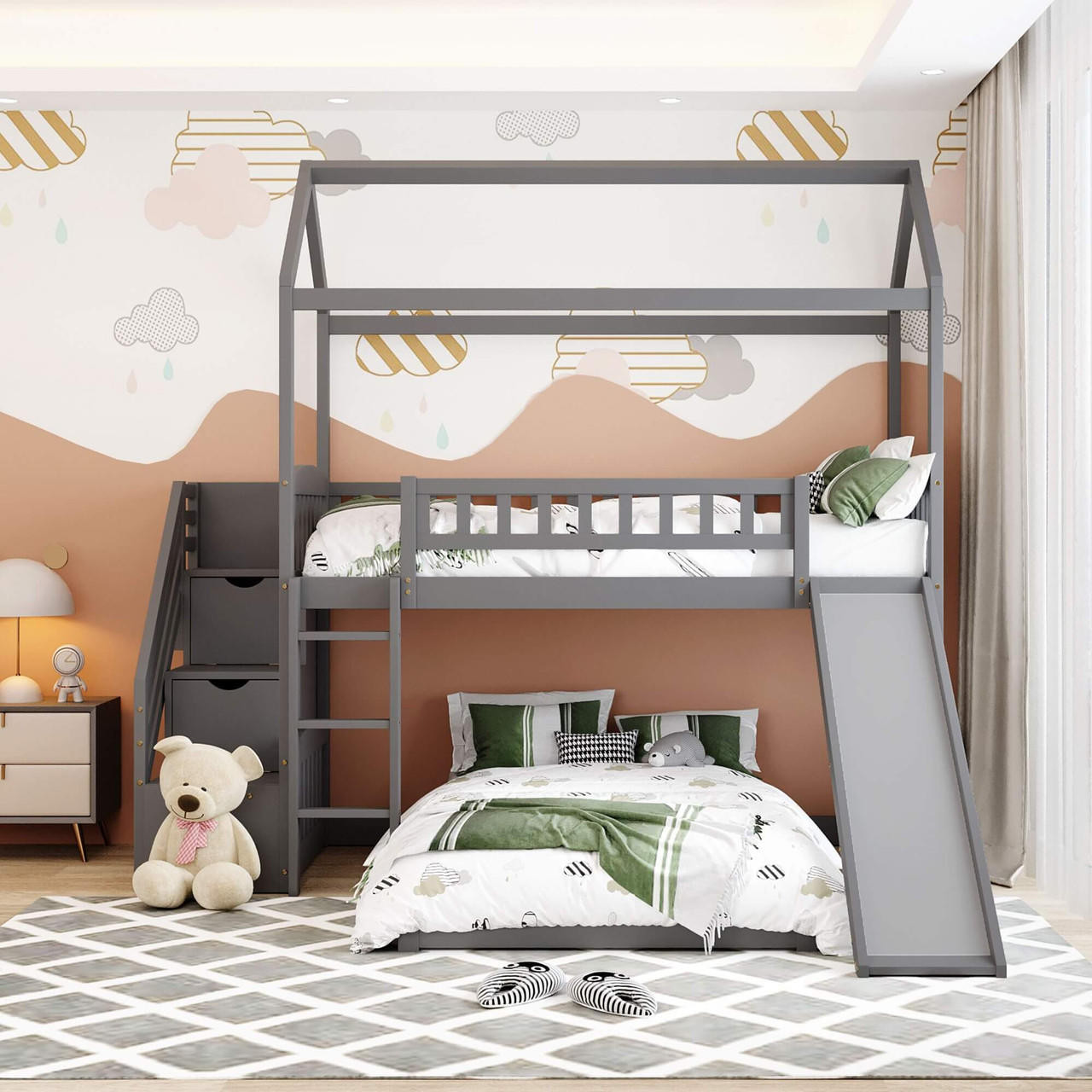 homeroots bed & bath Gray Twin Over Twin PlayHouse Perpendicular Bunk Bed with Slide 