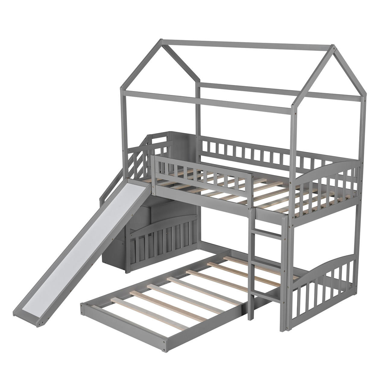 homeroots bed & bath Gray Twin Over Twin PlayHouse Perpendicular Bunk Bed with Slide 