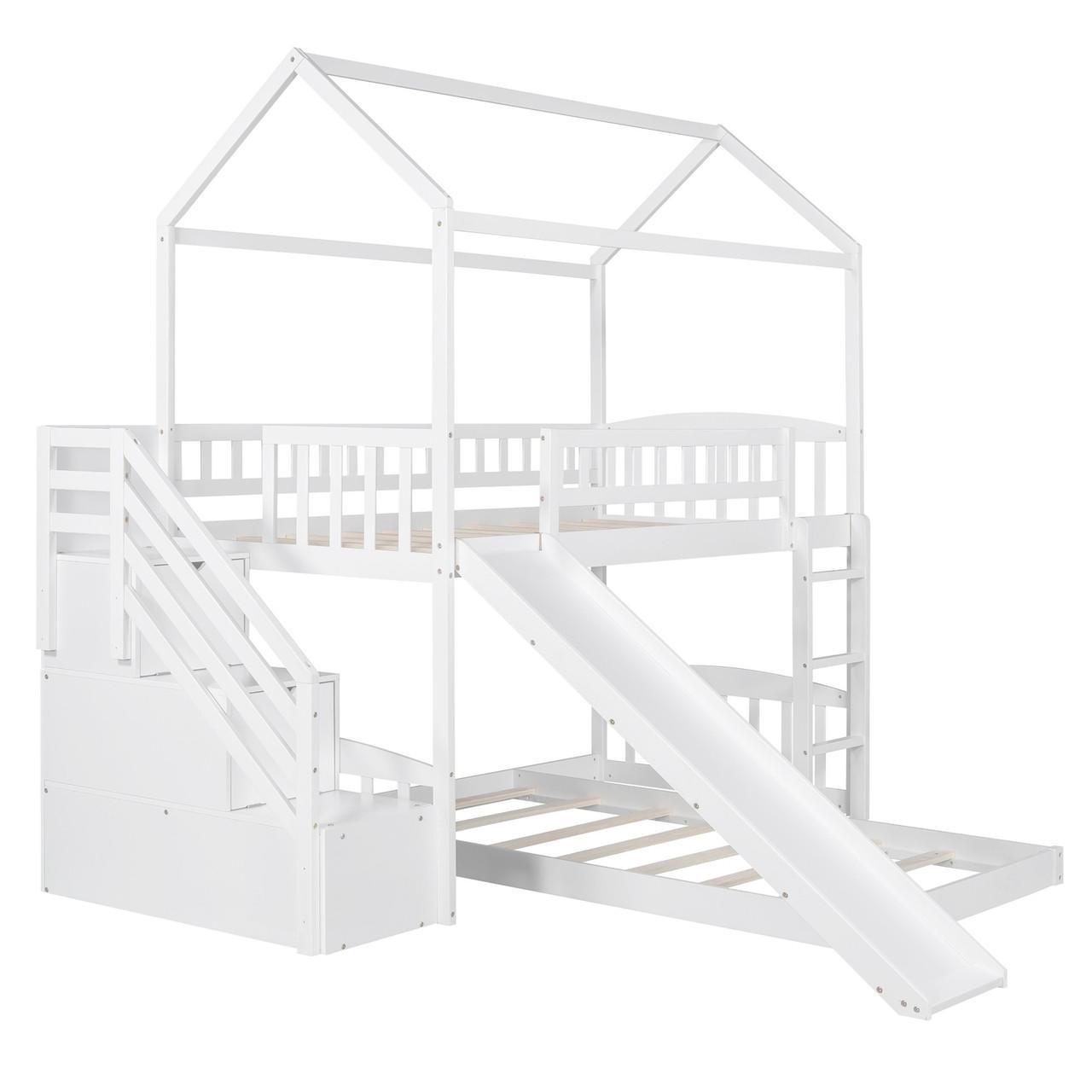 homeroots bed & bath White Twin Over Twin PlayHouse Perpendicular Bunk Bed with Slide 