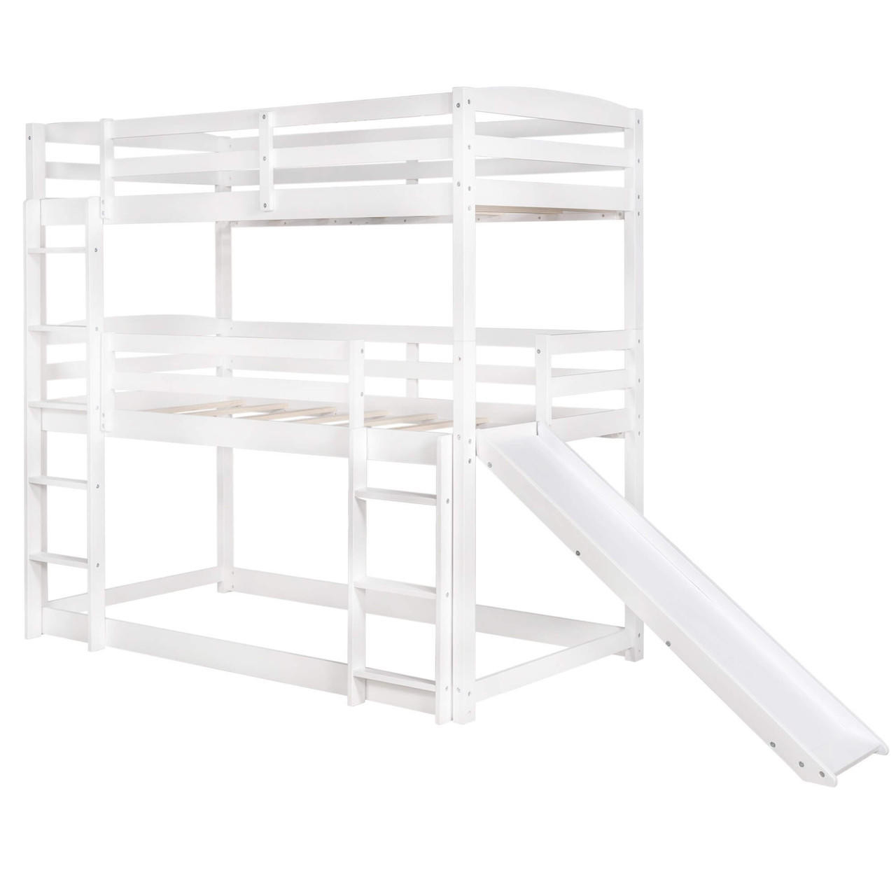 homeroots bed & bath White Triple Bunk Twin Sized Bed with Slide 