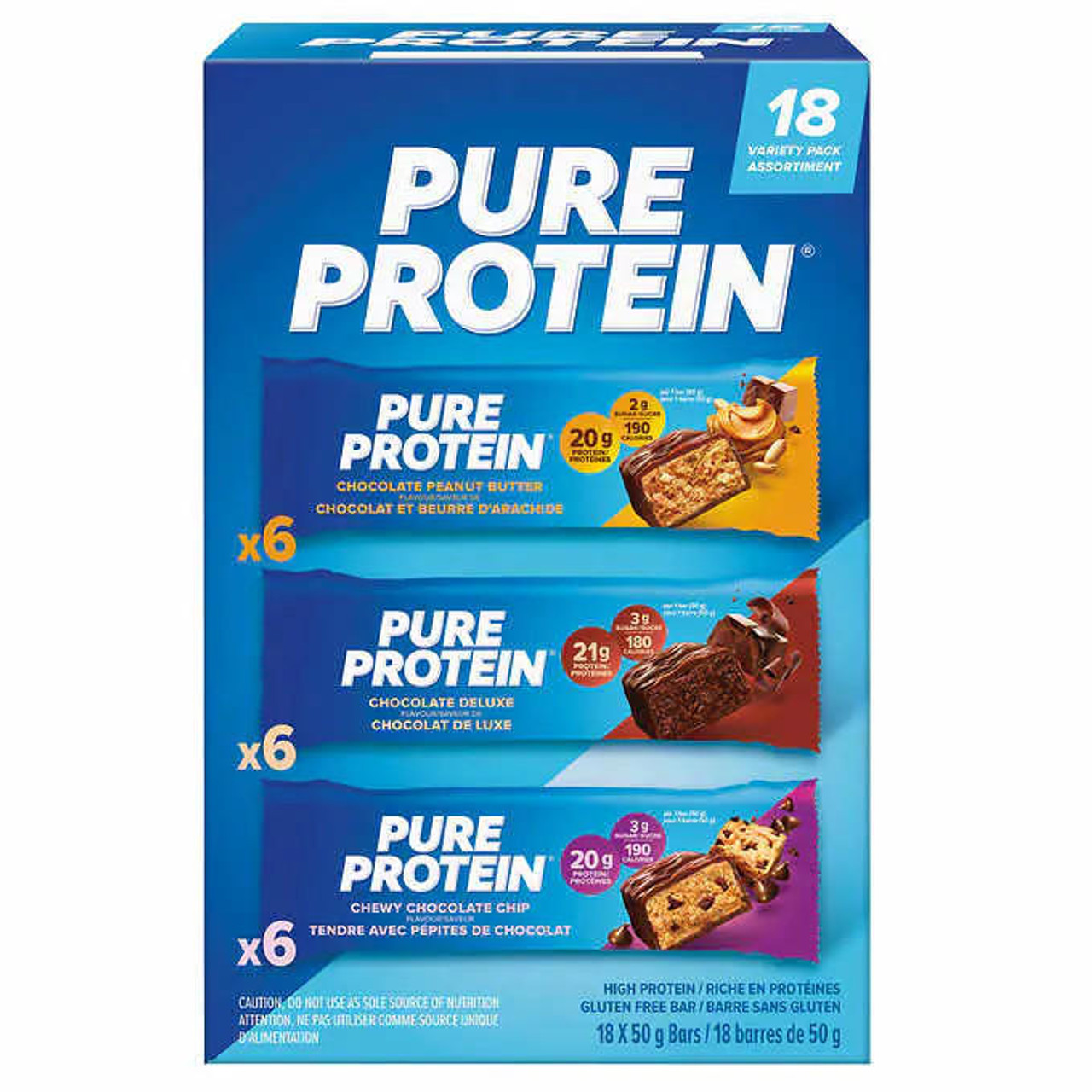  Pure Protein Bar Variety Pack - 18 Bars x 50g (1.76 oz), Gluten-Free (6/Case) 