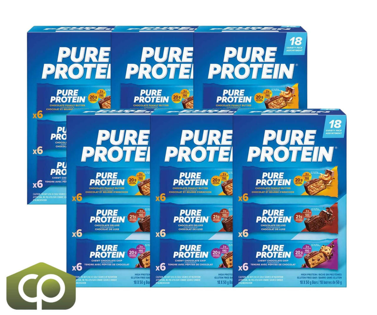  Pure Protein Bar Variety Pack - 18 Bars x 50g (1.76 oz), Gluten-Free (6/Case) 