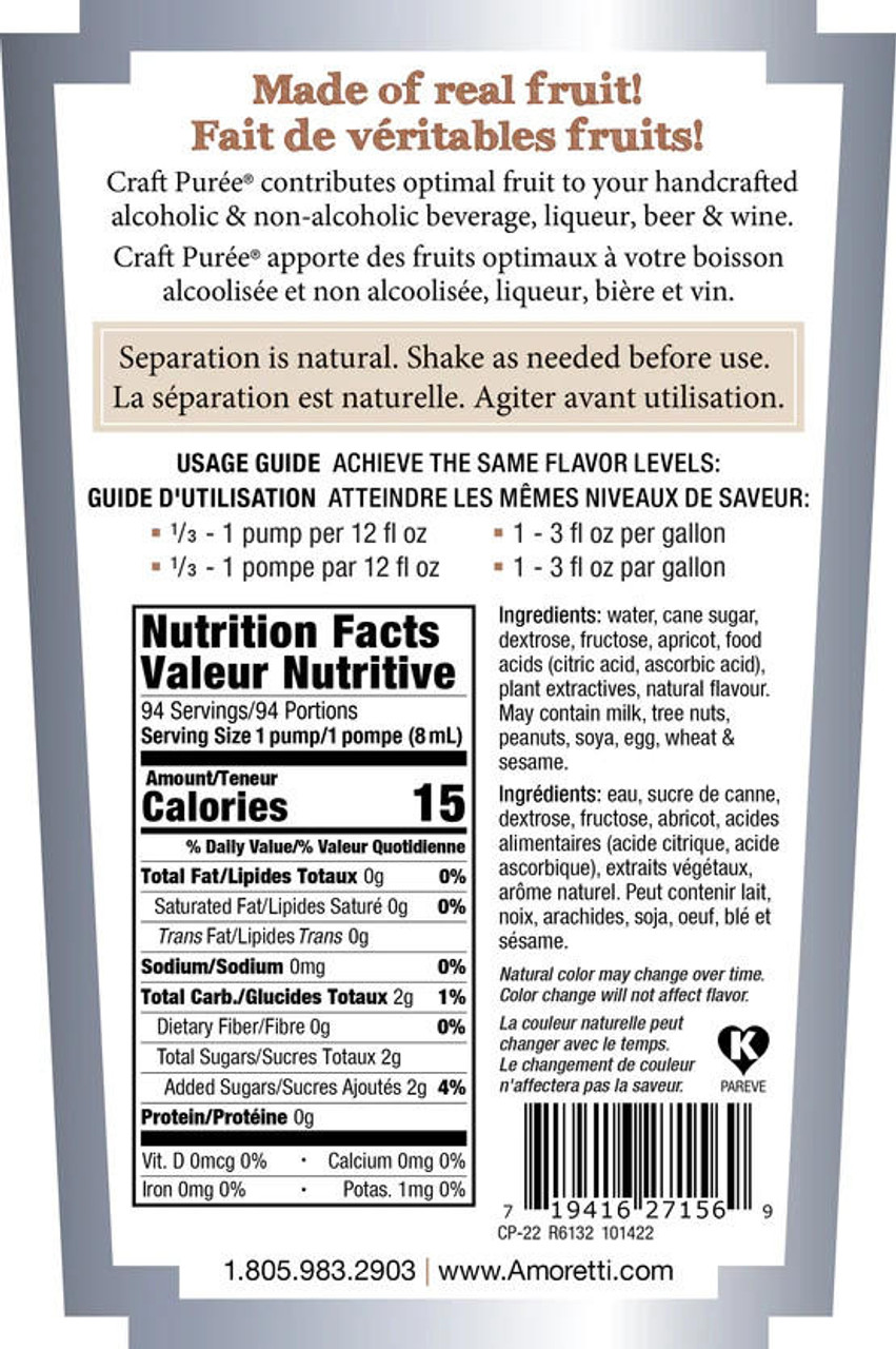 AMORETTI Amoretti Sweet Apricot Craft Puree 1 Gallon for Beer, Cocktails 