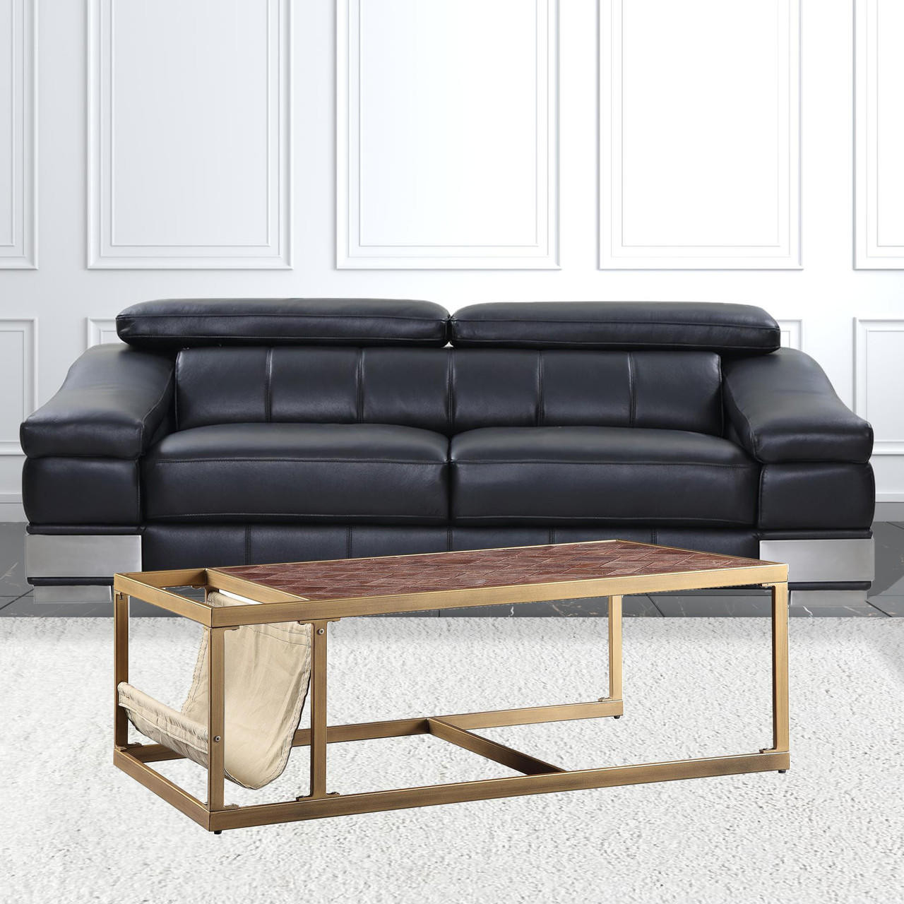 homeroots living room 51" Brass And Retro Brown Leather Rectangular Coffee Table 
