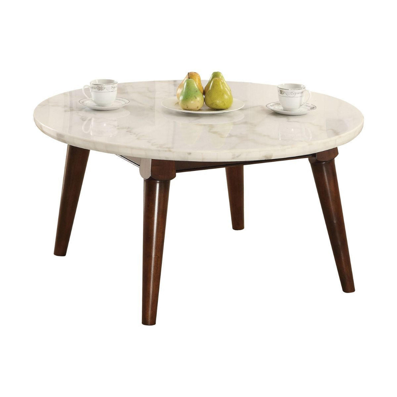 homeroots living room 36" Walnut And Marble Faux Marble Round Coffee Table 