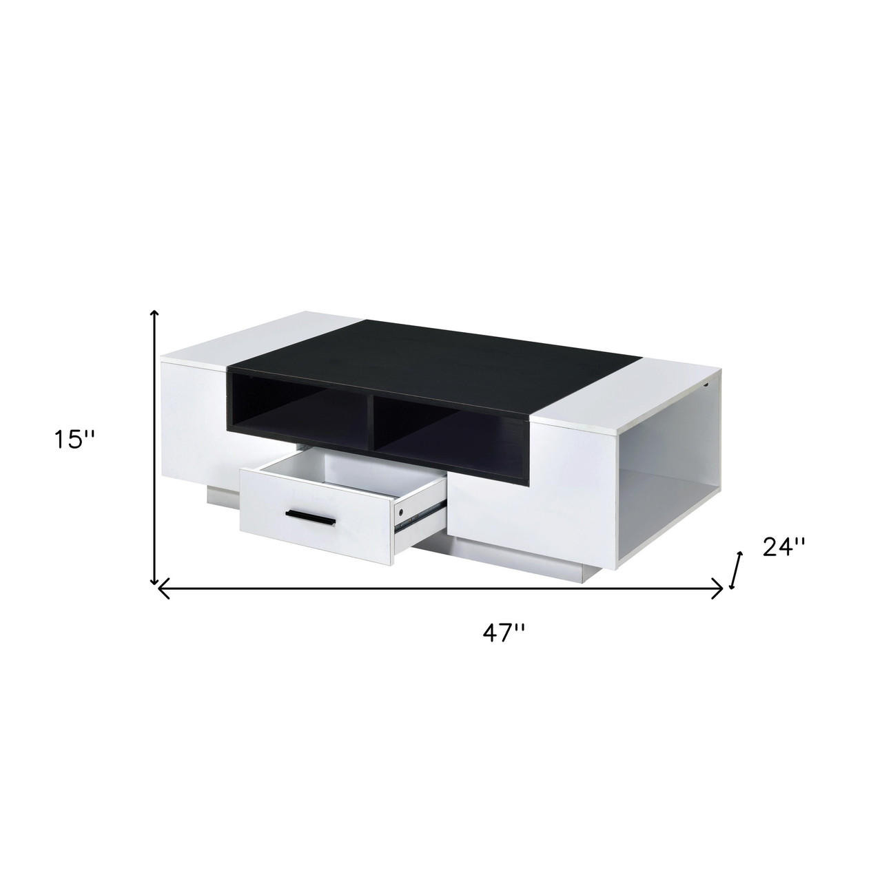 homeroots living room 47" White And Black Rectangular Coffee Table With Drawer And Three Shelves 